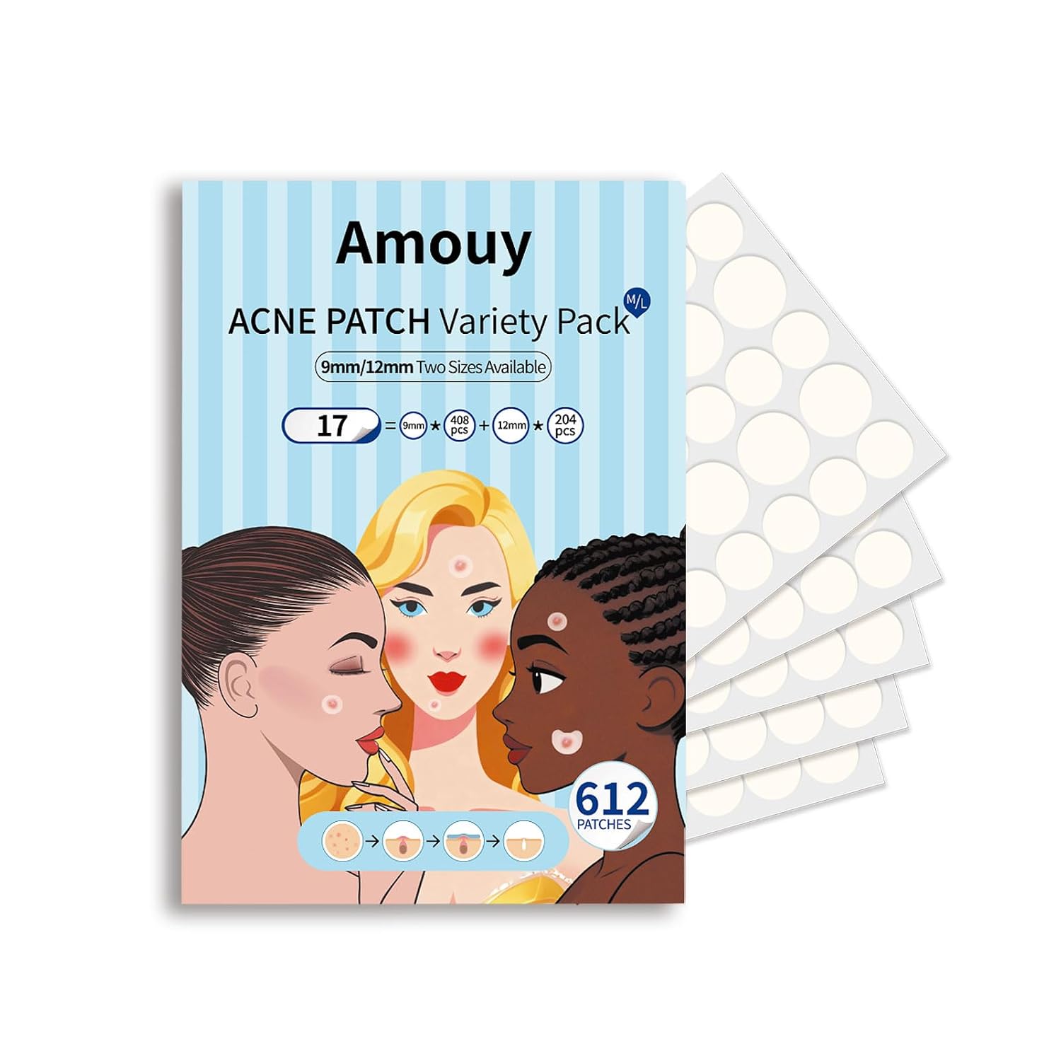 Amouy Acne Pimple Patch- 2 Sizes 612 Dots Thin & Thick Hydrocolloid Patches for Face with Witch Hazel. Tea Tree & Calendula Oil. Extra Adhesion Pimple Patches for Face Zit Patch Acne Dots : Beauty & Personal Care