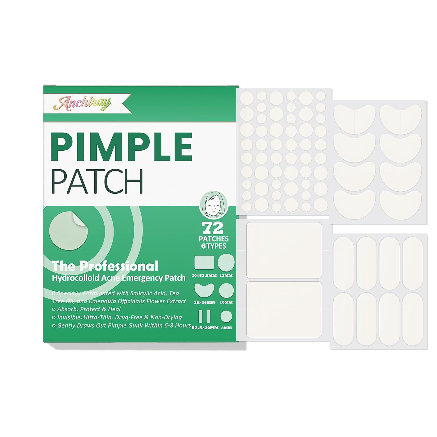 Anchiray Pimple Patches. Acne Patches. Invisible Pimple and Acne Treatment for Face with Hydrocolloid. Tea Tree Oil. Salicylic Acid & Calendula Extract.Fast-Acting.All Skin Types.3 Sizes