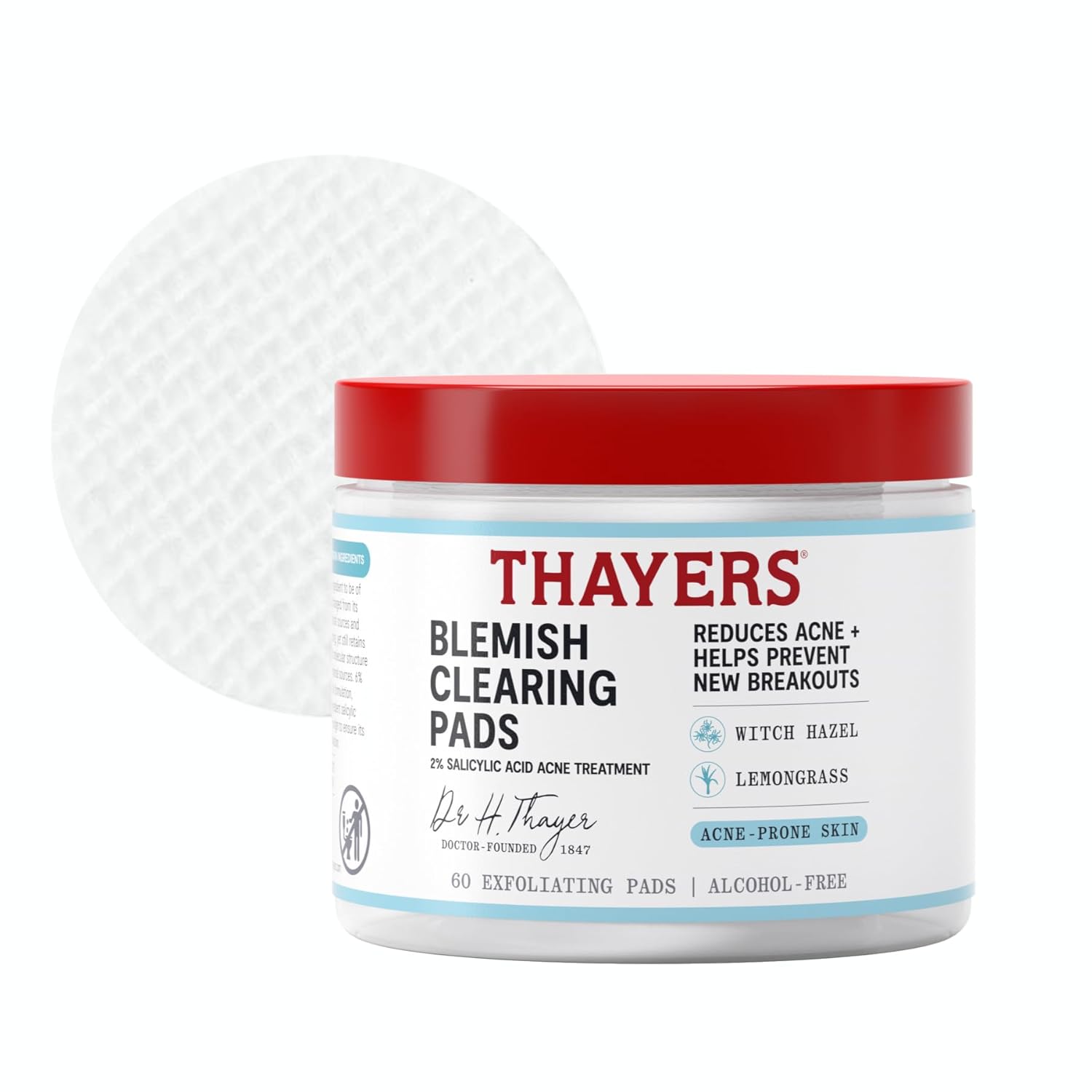 Thayers Blemish Clearing Acne Pads. Salicylic Acid Acne Treatment for Face. Pore Reducing. Exfoliating. and Soothing Skincare. Witch Hazel Toner Pads. 60 Ct