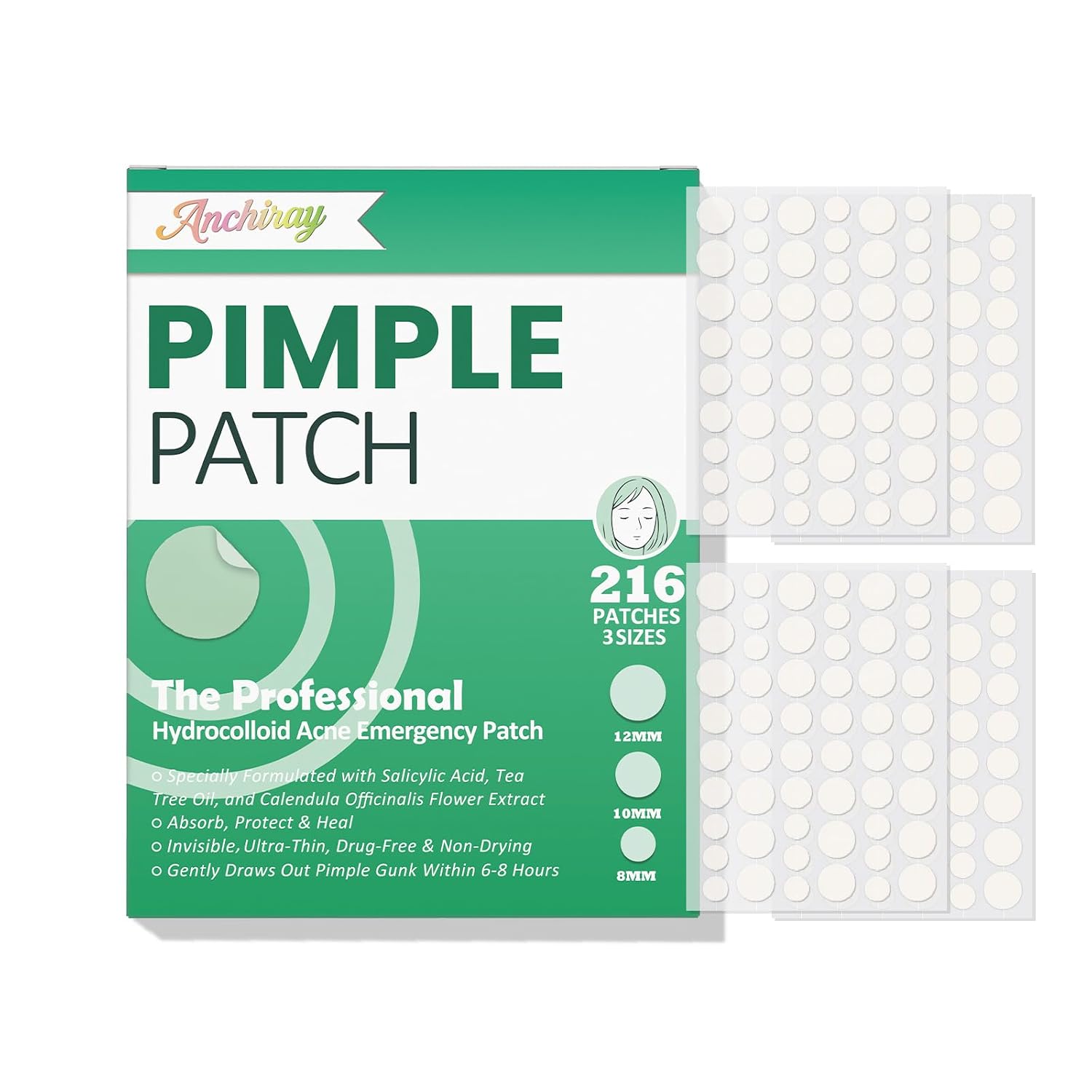 Anchiray Pimple Patches. Acne Patches. Invisible Pimple and Acne Treatment for Face with Hydrocolloid. Tea Tree Oil. Salicylic Acid & Calendula Extract.Fast-Acting.All Skin Types.3 Sizes