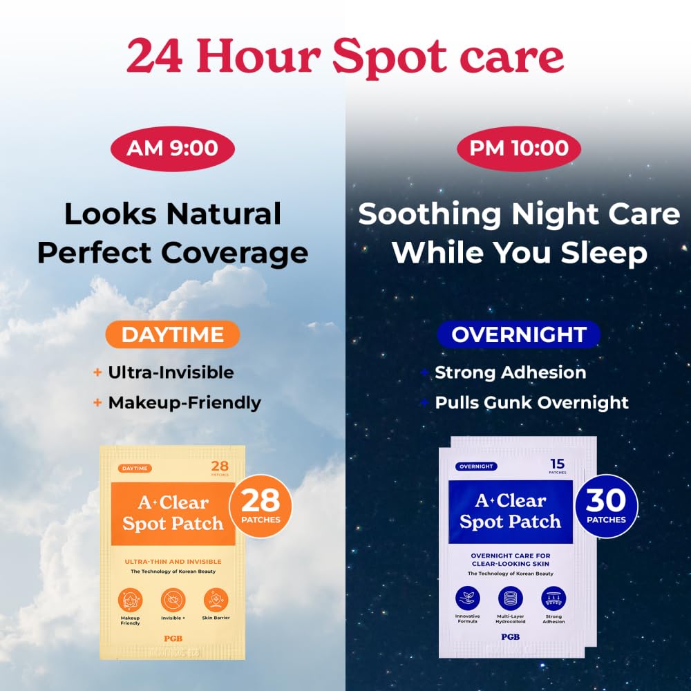 PGB A-CLEAR SPOT Pimple Patches. 3 Sizes – Day & Night Hydrocolloid Acne Patches – Invisible. Absorbs Zits & Blemishes. Korean Skin Care