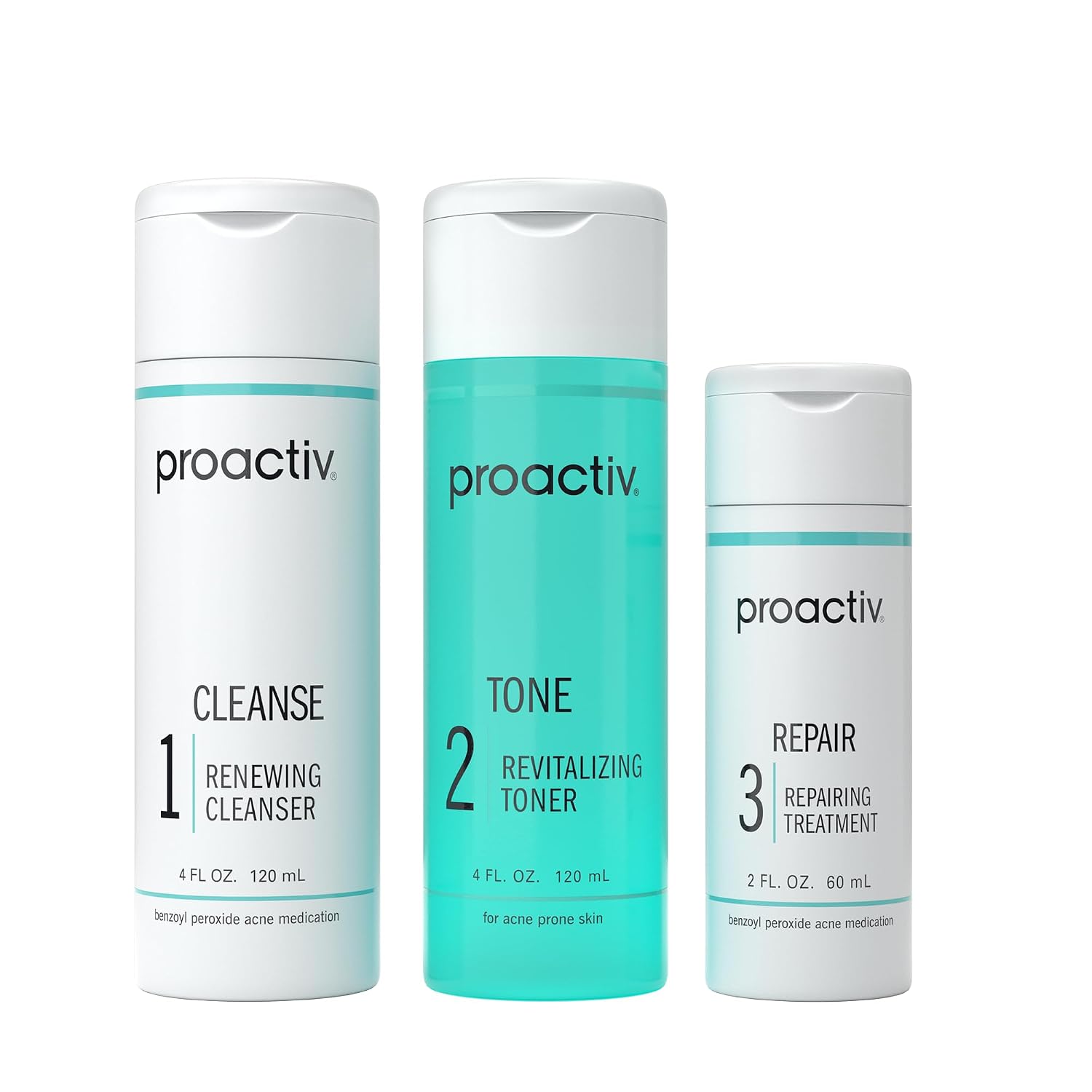 Proactiv 3 Step Acne Treatment - Benzoyl Peroxide Face Wash. Repairing Acne Spot Treatment for Face And Body. Exfoliating Toner - 60 Day Complete Acne Skin Care Kit