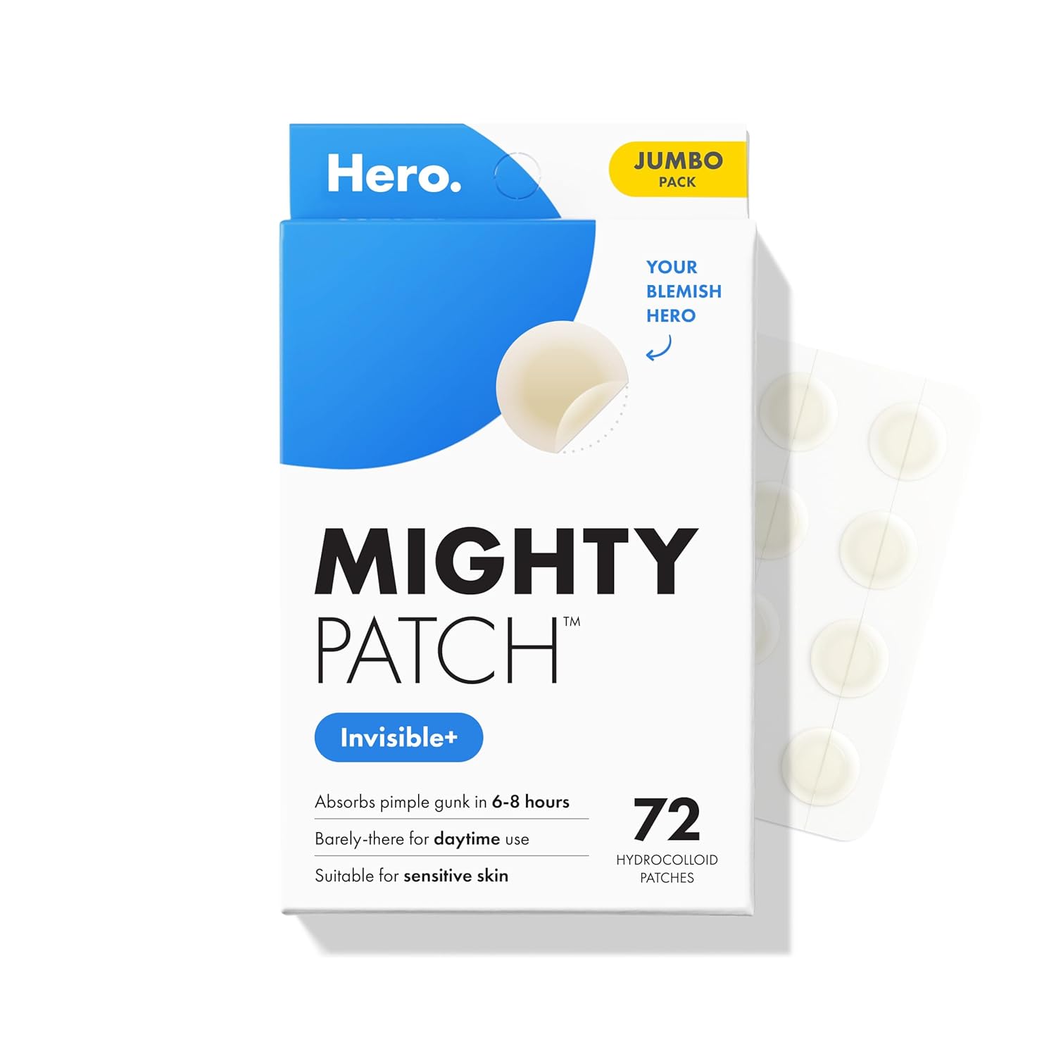 Mighty Patch™ Invisible+ Patch – The Barely-There Daytime Hydrocolloid Acne Pimple Patch for Covering Zits and Blemishes. Tapered Edges Designed to Blend Into Skin (72ct)