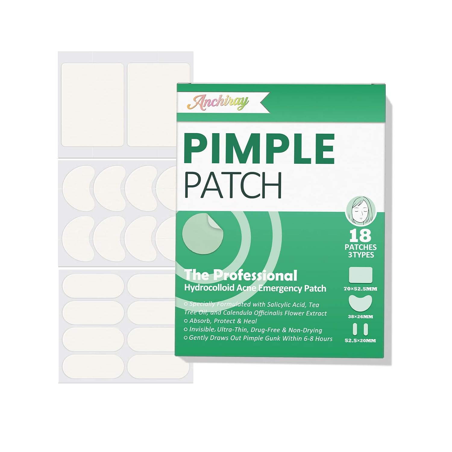 Anchiray Pimple Patches. Acne Patches. Invisible Pimple and Acne Treatment for Face with Hydrocolloid. Tea Tree Oil. Salicylic Acid & Calendula Extract.Fast-Acting.All Skin Types.3 Sizes