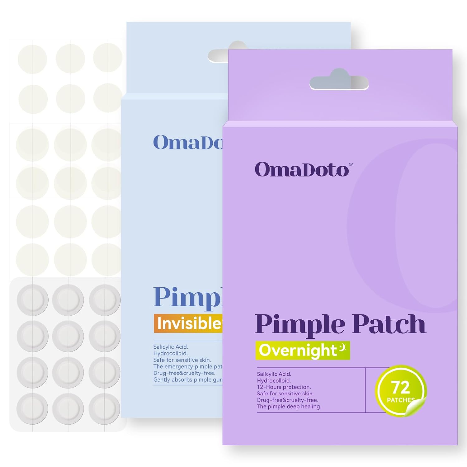 OmaDoto Salicylic Acid Acne Patches - Overnight Spot Treatment with BHA. Absorbs & Helps Unclog. 2 Sizes (10mm & 12mm). 72 Count. Easy-Peel Sheets