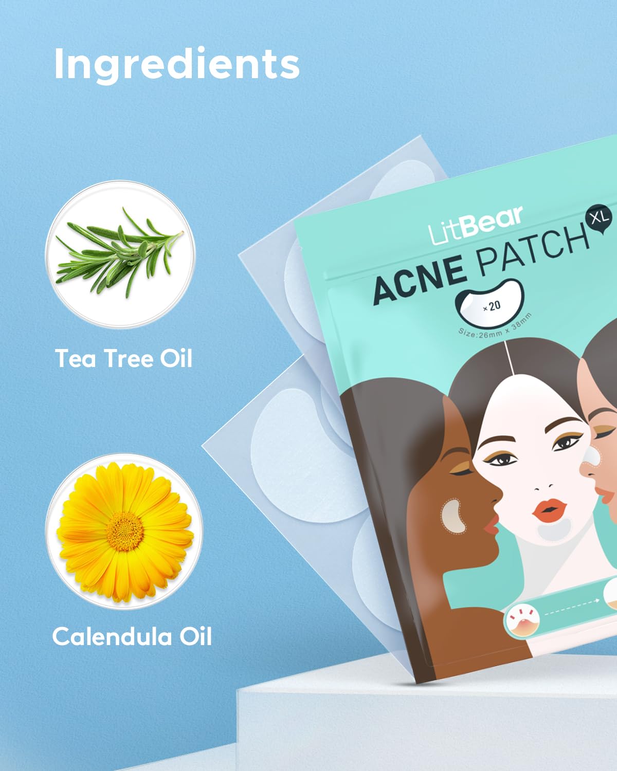 LitBear Acne Patches Large. Hydrocolloid Pimple Patches for Breakouts. Zit and Blemish. Large Acne Patches for Face. Chin. Back and Body with Tea Tree & Calendula Oil
