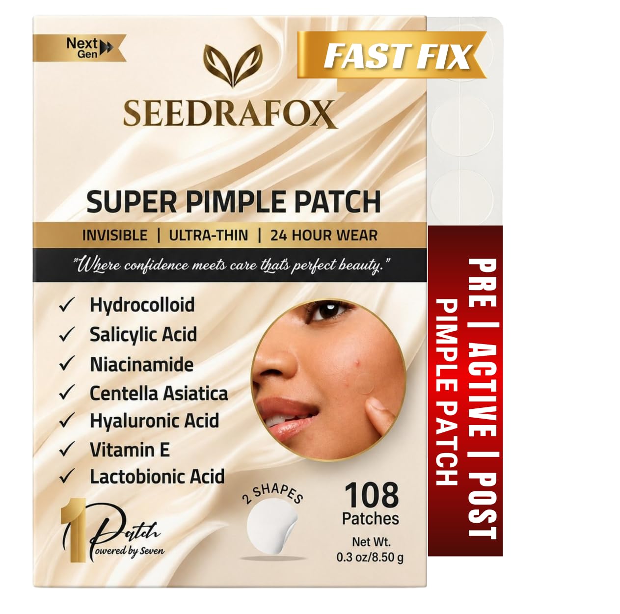 SEEDRAFOX Super Pimple Patch for Acne & Pimples | Hydrocolloid Acne Patch with Salicylic Acid & Niacinamide | Invisible Pimple Spot Patch | Ultra Thin Invisible Patches for Face | 108 Patches : Beauty & Personal Care