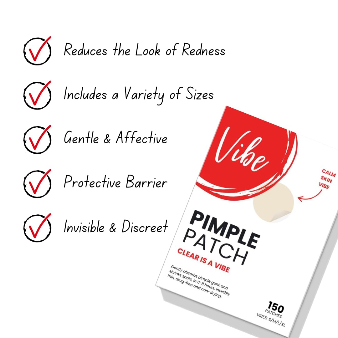 VIBE Pimple Patches for Face – 4 Sizes 150 Count Acne Patches | For Covering Zits + Blesmishes | Spot Stickers with Salicylic Acid. Tea Tree Oil & Calendula | Spot Treatment for Blemishes & Breakouts