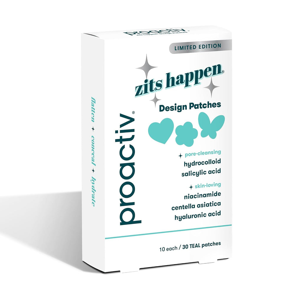Proactiv Zits Happen Design Acne Patches. Hydrocolloid Spot Treatment with Salicylic Acid. Heart. Flower & Butterfly Shapes. Dermatologist-Developed. 30-Count
