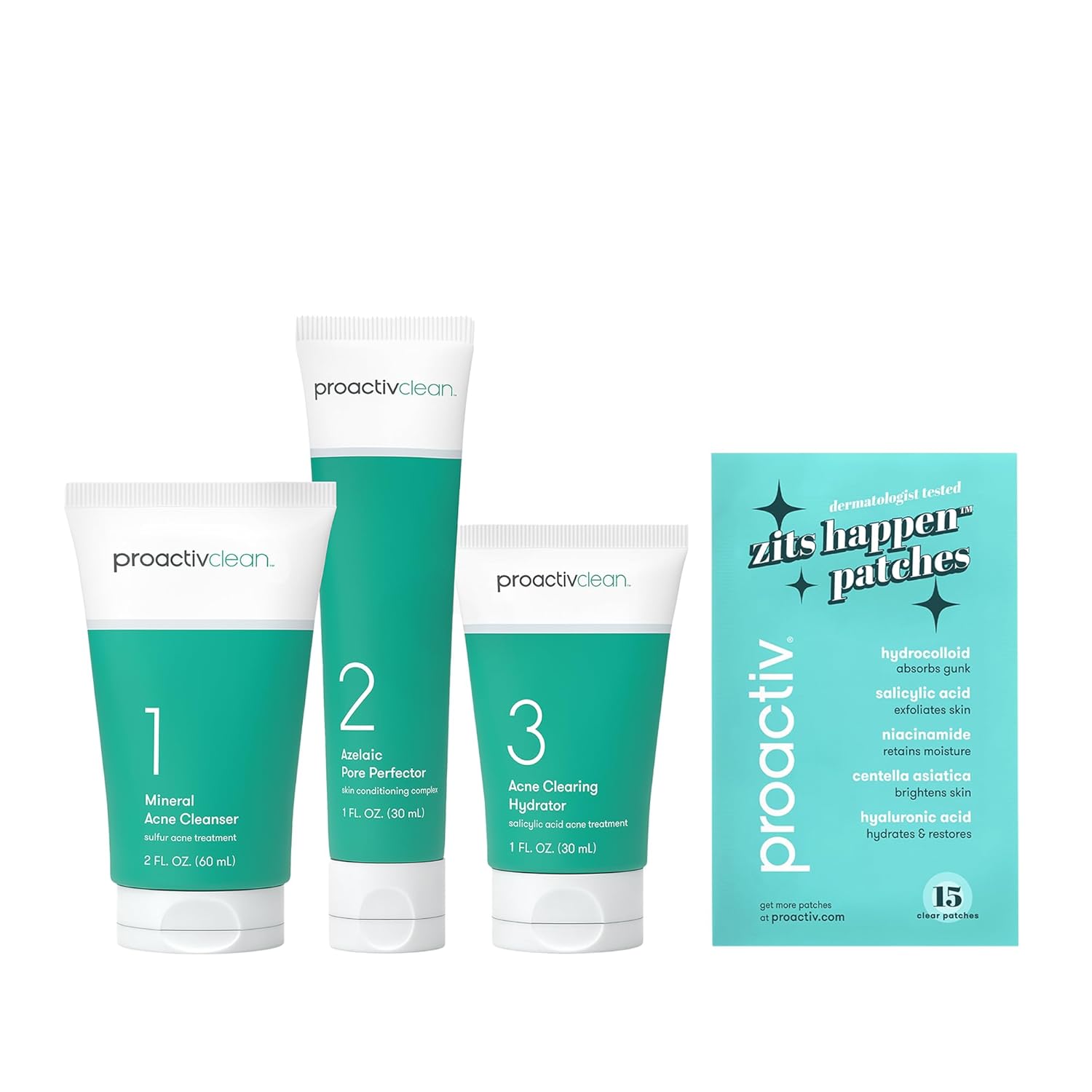 Proactiv Clean 3 Step Acne Routine w/ Pimple Patches- Sulfur Acne Treatment Cleanser. Azelaic Acid Serum. and Facial Moisturizer for Sensitive. Acne-Prone Skin- 30 Day Acne Kit with Pimple Patches : Beauty & Personal Care