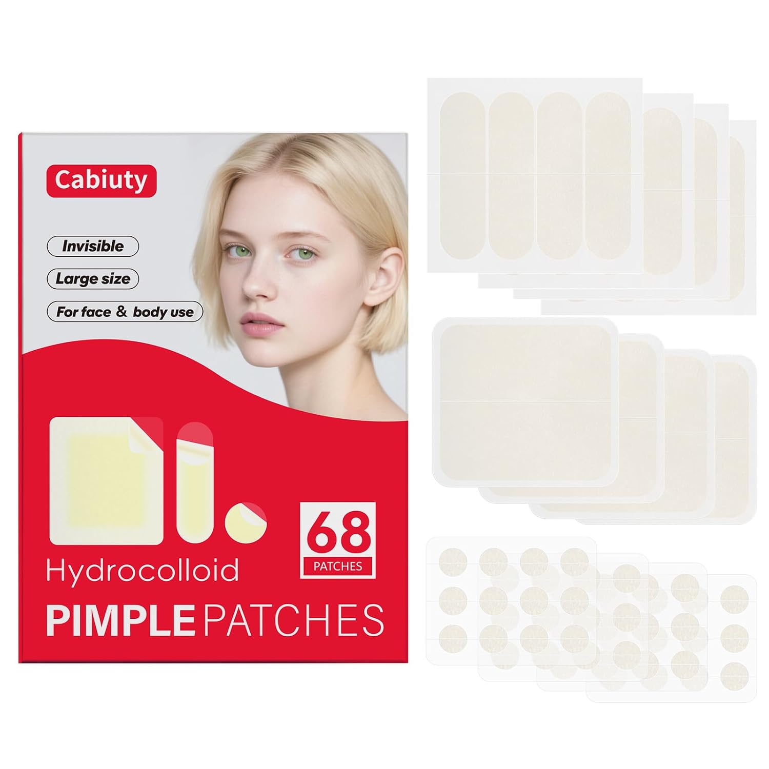 Cabiuty Large Pimple Patches for Face. 3 Sizes Hydrocolloid Acne Patches for Zits and Blemishes on Face. Chin. Back. All Skin Types
