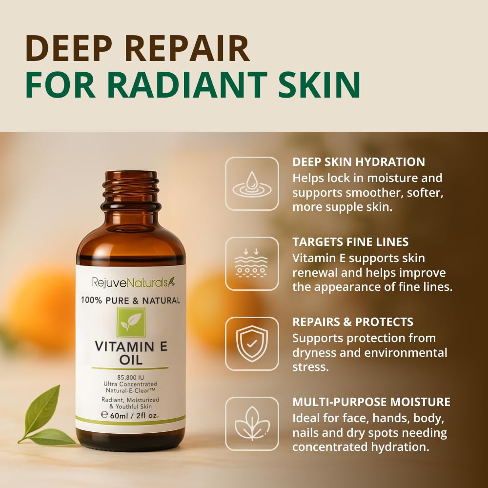 Vitamin E Oil - 100% Pure & Natural. 42.900 IU. Repair Dry. Damaged Skin from Surgery & Acne. Age Spots & Wrinkles. Boost Collagen for Moisturized. Youthful-looking Skin. d-alpha tocopherol