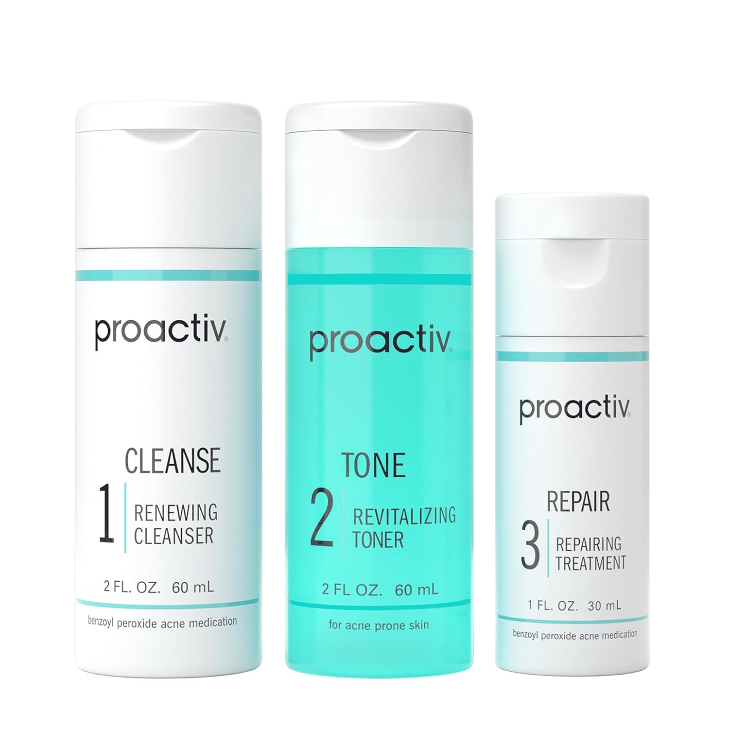 Proactiv 3 Step Acne Treatment - Benzoyl Peroxide Face Wash. Repairing Acne Spot Treatment for Face And Body. Exfoliating Toner - 60 Day Complete Acne Skin Care Kit
