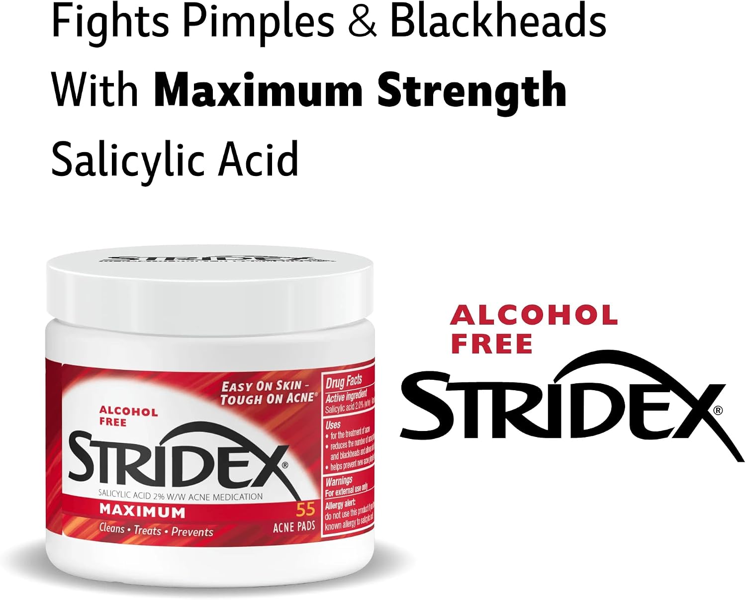 Stridex Medicated Acne Pads. Maximum. 55 Count – Facial Cleansing Wipes. Alcohol Free. Acne Treatment for Face. For Moderate Acne. Smooth Application : Beauty & Personal Care