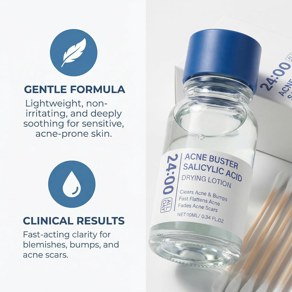 Acne Buster Salicylic Acid Drying Lotion. Pimple Spot Treatment for Acne and Blackheads. Fast Drying Facial Blemish Care with Cotton Swabs. Lightweight Oil Control Skin Care Solution 10ml (1pcs)