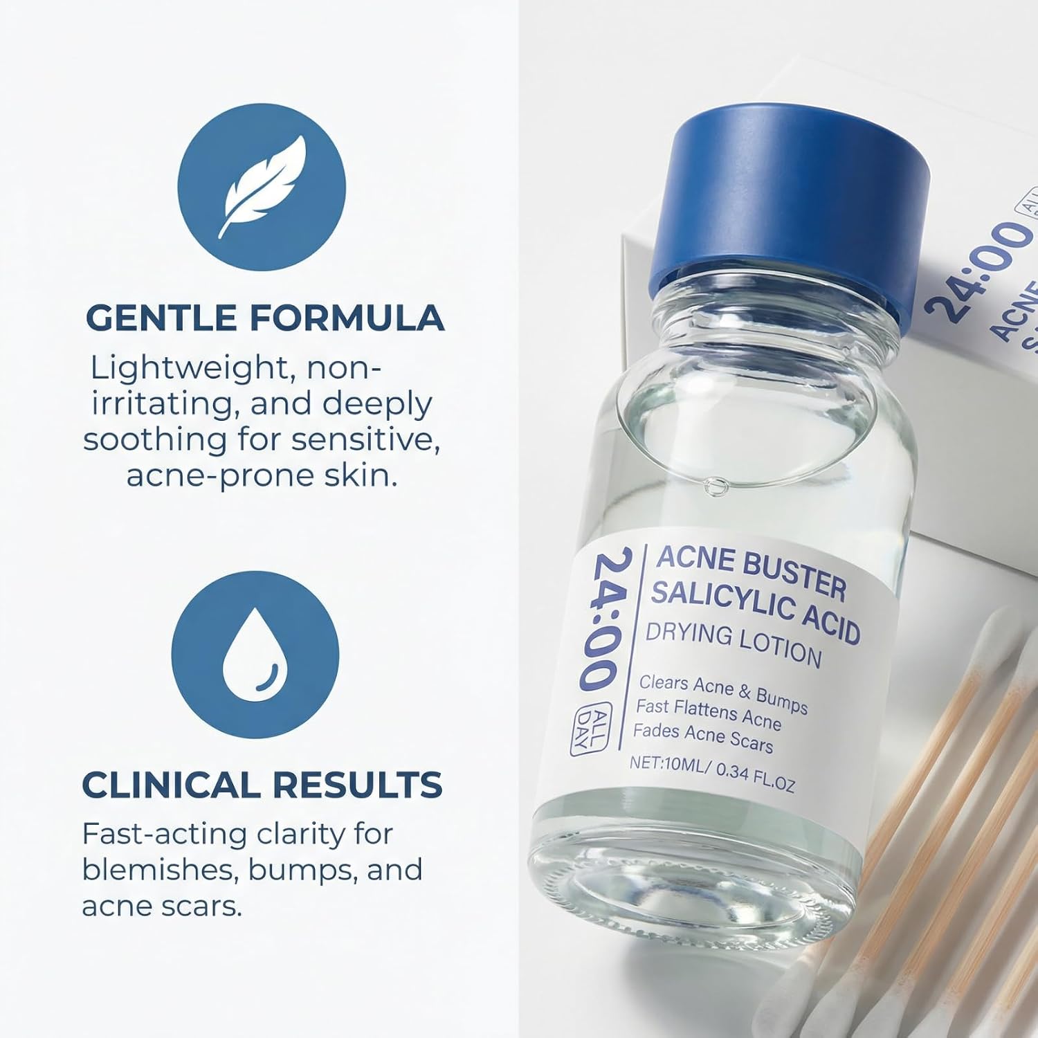 Acne Buster Salicylic Acid Drying Lotion. Pimple Spot Treatment for Acne and Blackheads. Fast Drying Facial Blemish Care with Cotton Swabs. Lightweight Oil Control Skin Care Solution 10ml (1pcs)