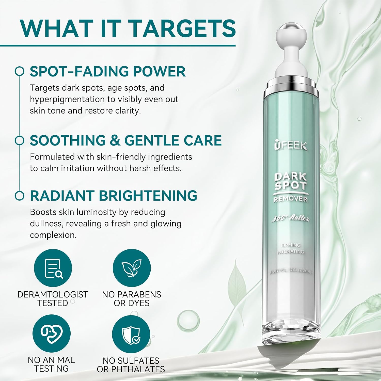 Dark Spot Remover for Face with 360° Roller Massage Ball. Dark Spot Corrector Serum for face. Fade Sun Spot Age Spot Brown Spot for All Skin Types. 0.67 FL OZ
