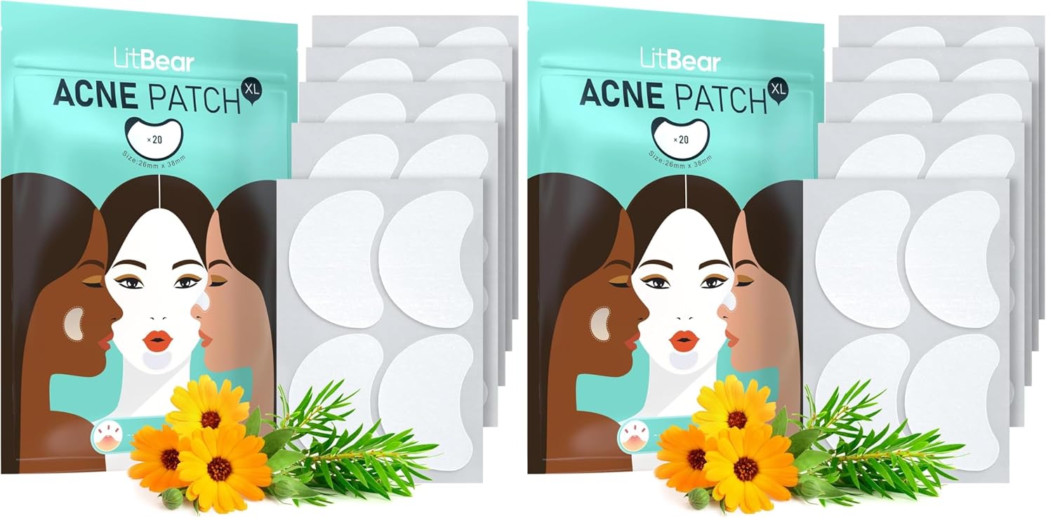 LitBear Acne Patches Large. Hydrocolloid Pimple Patches for Breakouts. Zit and Blemish. Large Acne Patches for Face. Chin. Back and Body with Tea Tree & Calendula Oil