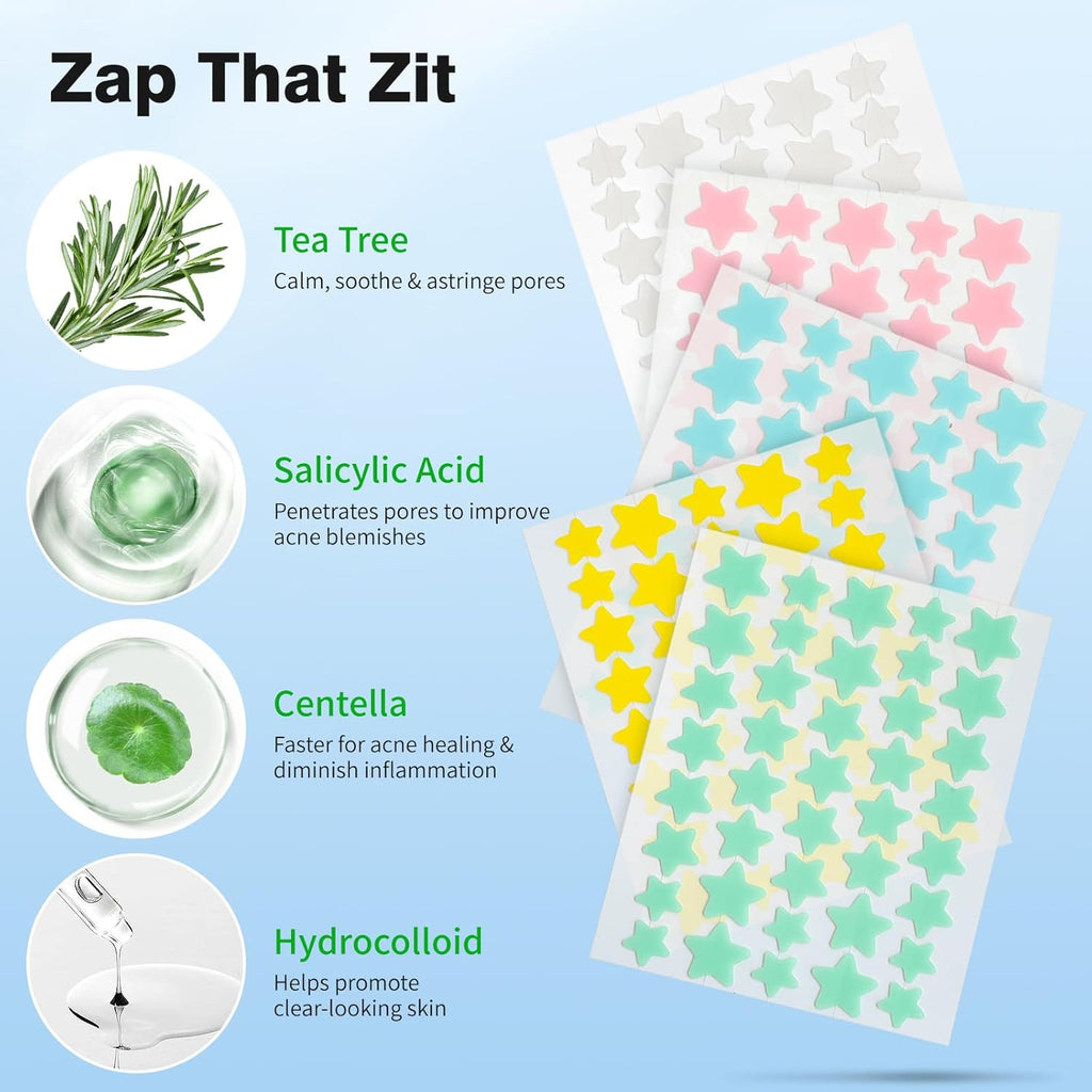 QUSTERE Pimple Patches for Face. Hydrocolloid Acne Patches. Cute Star Zit Covers. Colorful Spot Stickers with Tea Tree. Salicylic Acid & Cica Oil| 3 Sizes (10mm. 12mm & 14mm)