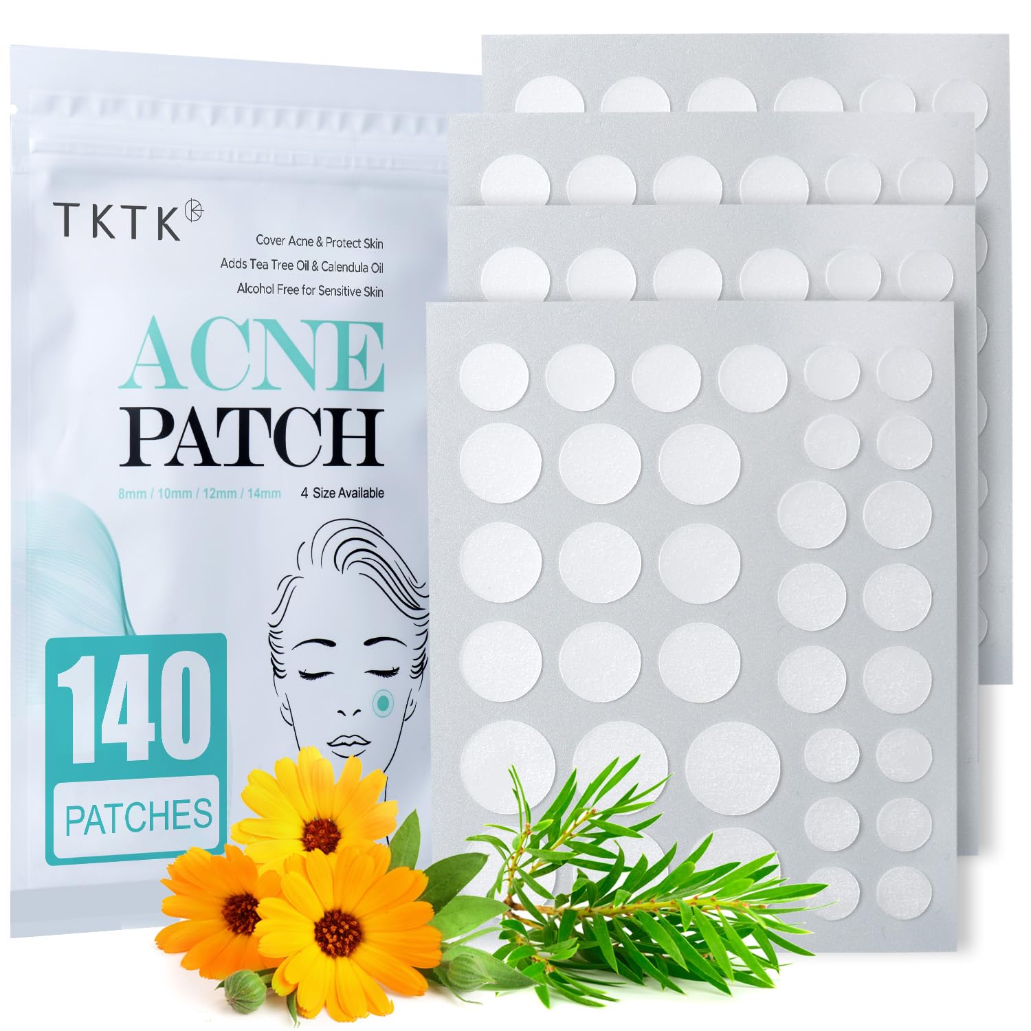 TKTK Pimple Patch Acne Patch. 4 Sizes 140 Patches Acne Absorbing Cover Patch. Hydrocolloid Invisible Acne Patches for Face Zit Patch Acne Dots Tea Tree. Calendula Oil