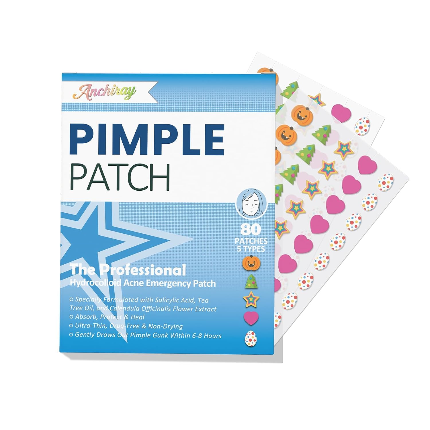 Anchiray Pimple Patches. Acne Patches. Invisible Pimple and Acne Treatment for Face with Hydrocolloid. Tea Tree Oil. Salicylic Acid & Calendula Extract.Fast-Acting.All Skin Types.3 Sizes