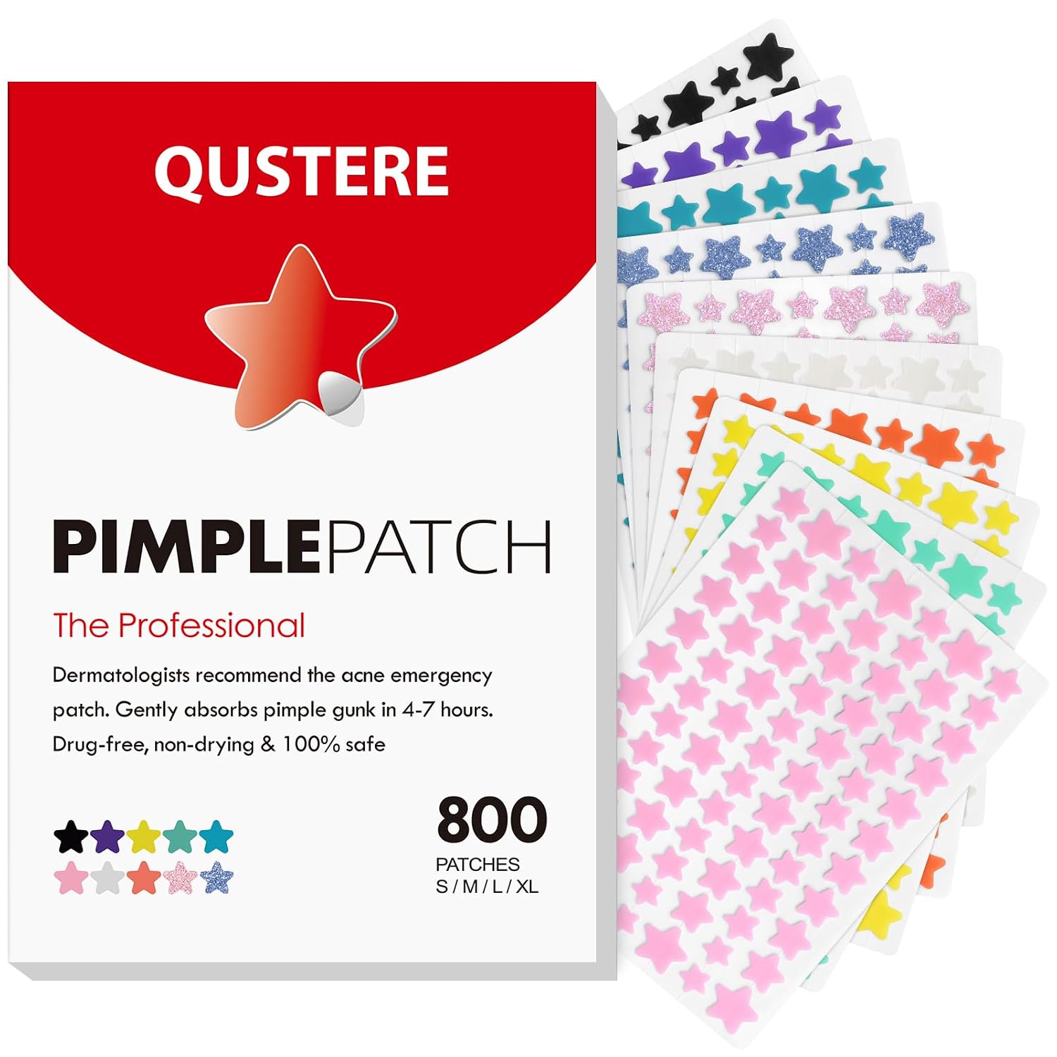 QUSTERE Pimple Patches for Face. Hydrocolloid Acne Patches. Cute Star Zit Covers. Colorful Spot Stickers with Tea Tree. Salicylic Acid & Cica Oil| 3 Sizes (10mm. 12mm & 14mm)
