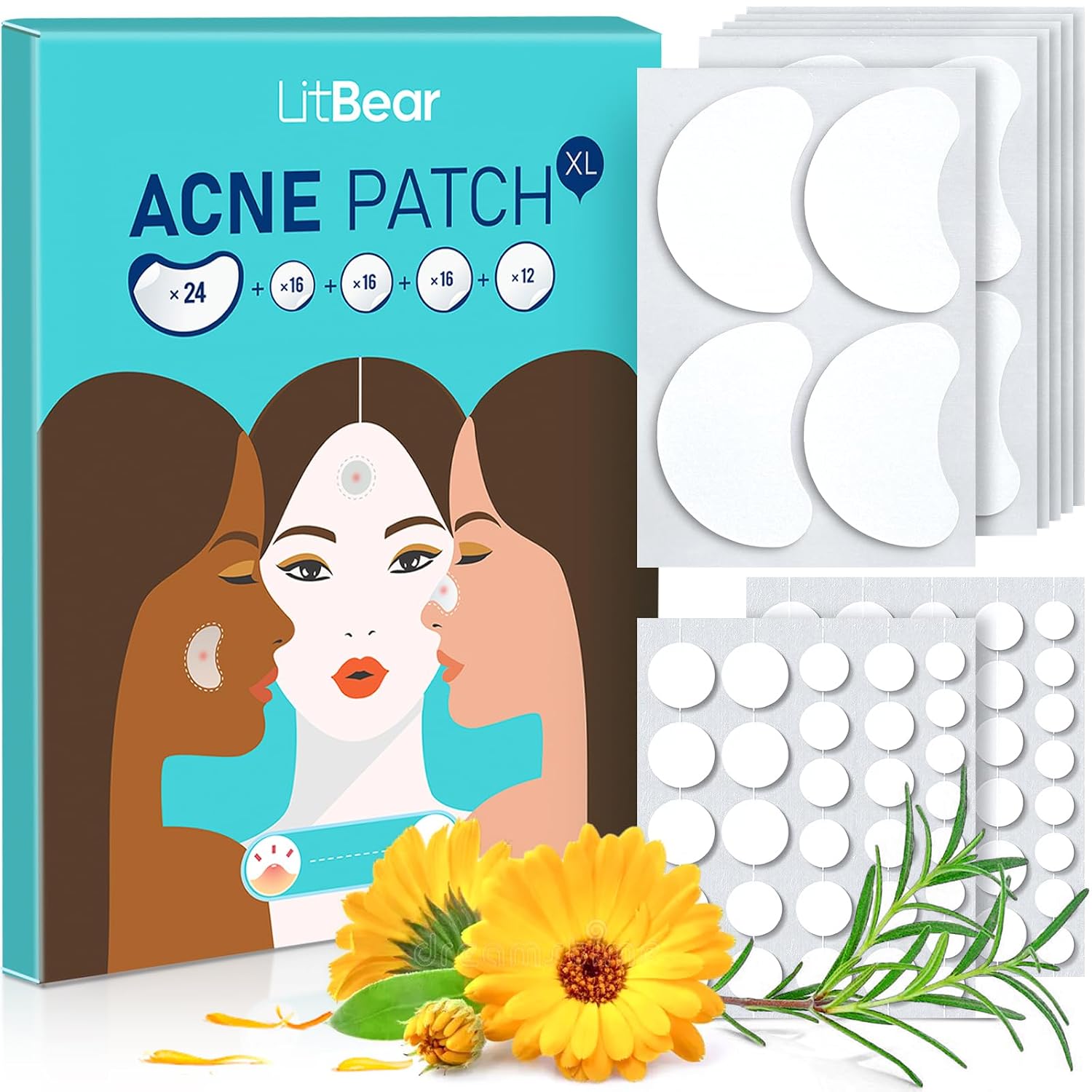 LitBear Acne Patches Large. Hydrocolloid Pimple Patches for Breakouts. Zit and Blemish. Large Acne Patches for Face. Chin. Back and Body with Tea Tree & Calendula Oil