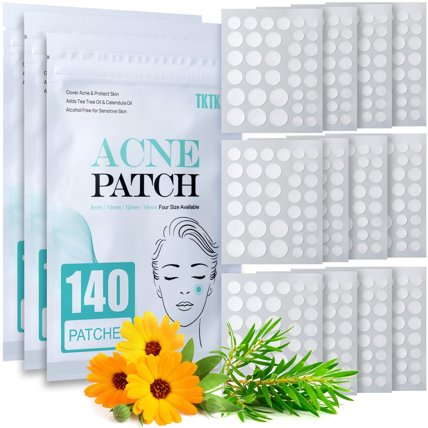 TKTK Pimple Patch Acne Patch. 4 Sizes 140 Patches Acne Absorbing Cover Patch. Hydrocolloid Invisible Acne Patches for Face Zit Patch Acne Dots Tea Tree. Calendula Oil