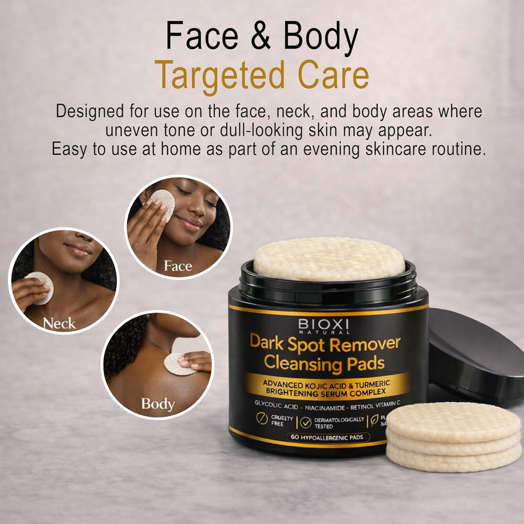 Dark Spot Remover Cleansing Pads with Kojic Acid & Turmeric - Advanced Korean Brightening Serum Complex with Glycolic Acid. Niacinamide. Retinol & Vitamin C for Face & Body - 60 Hypoallergenic Pads