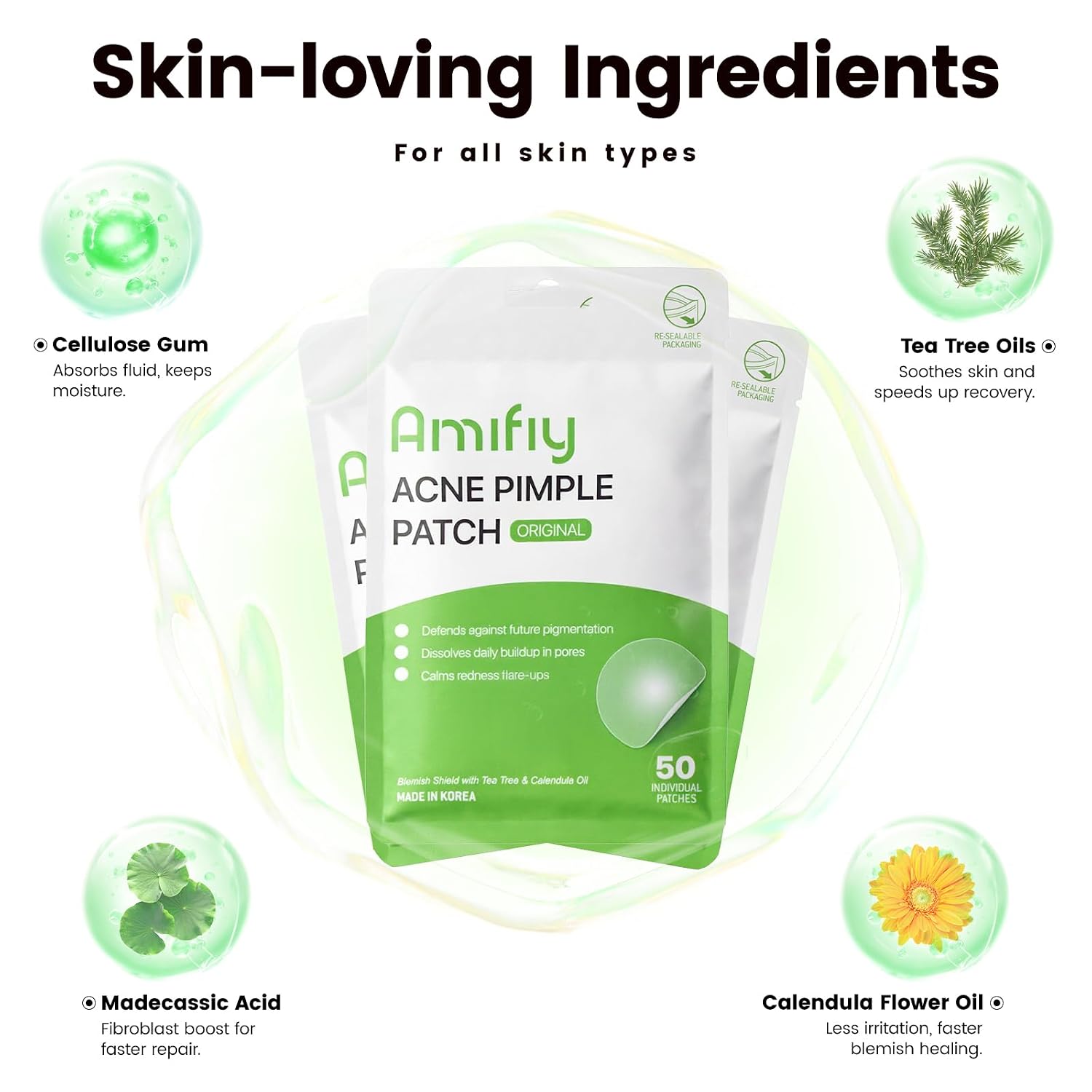 Amifiy Pimple Patches with Hydrocolloid & Tea Tree – Korean Skincare Invisible Acne Stickers for Face. Oil-Absorbing Zit Dots. Vegan & Cruelty-Free Blemish Treatment. 50 Count (10mm/12mm/14mm)