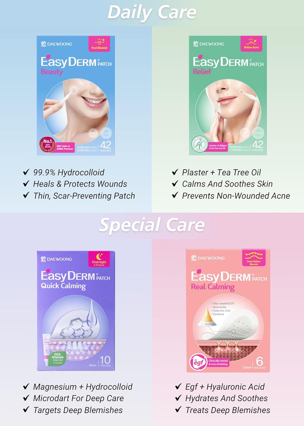 DWEasyDerm EasyDerm Real Calming Pimple Patches. Clear | Niacinamide. Hyaluronic Acid. EGF Acne Dark Spot Care. K-beauty | 6 counts. Micro Point length : 285μm. Summer & Travel Essentials