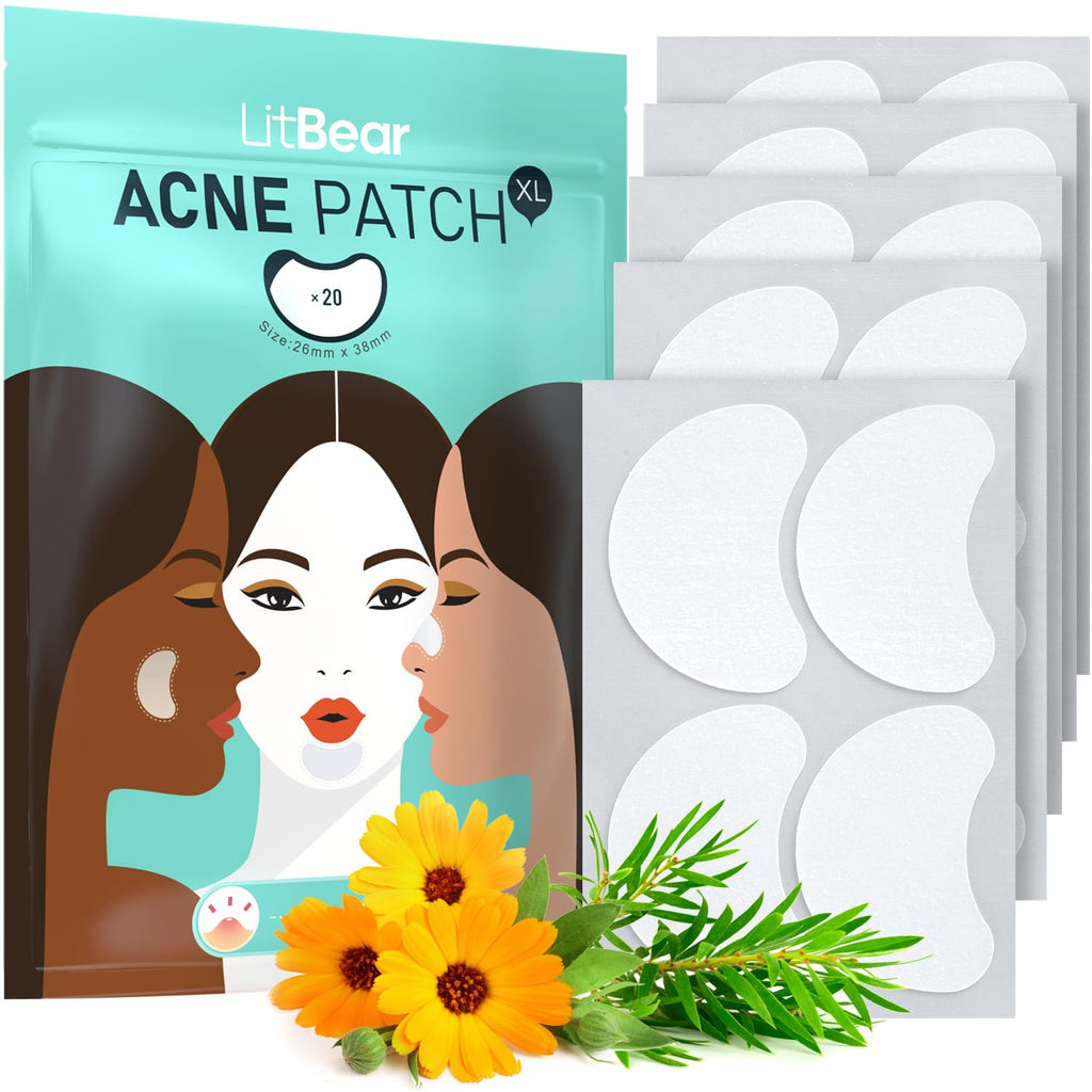 LitBear Acne Patches Large. Hydrocolloid Pimple Patches for Breakouts. Zit and Blemish. Large Acne Patches for Face. Chin. Back and Body with Tea Tree & Calendula Oil