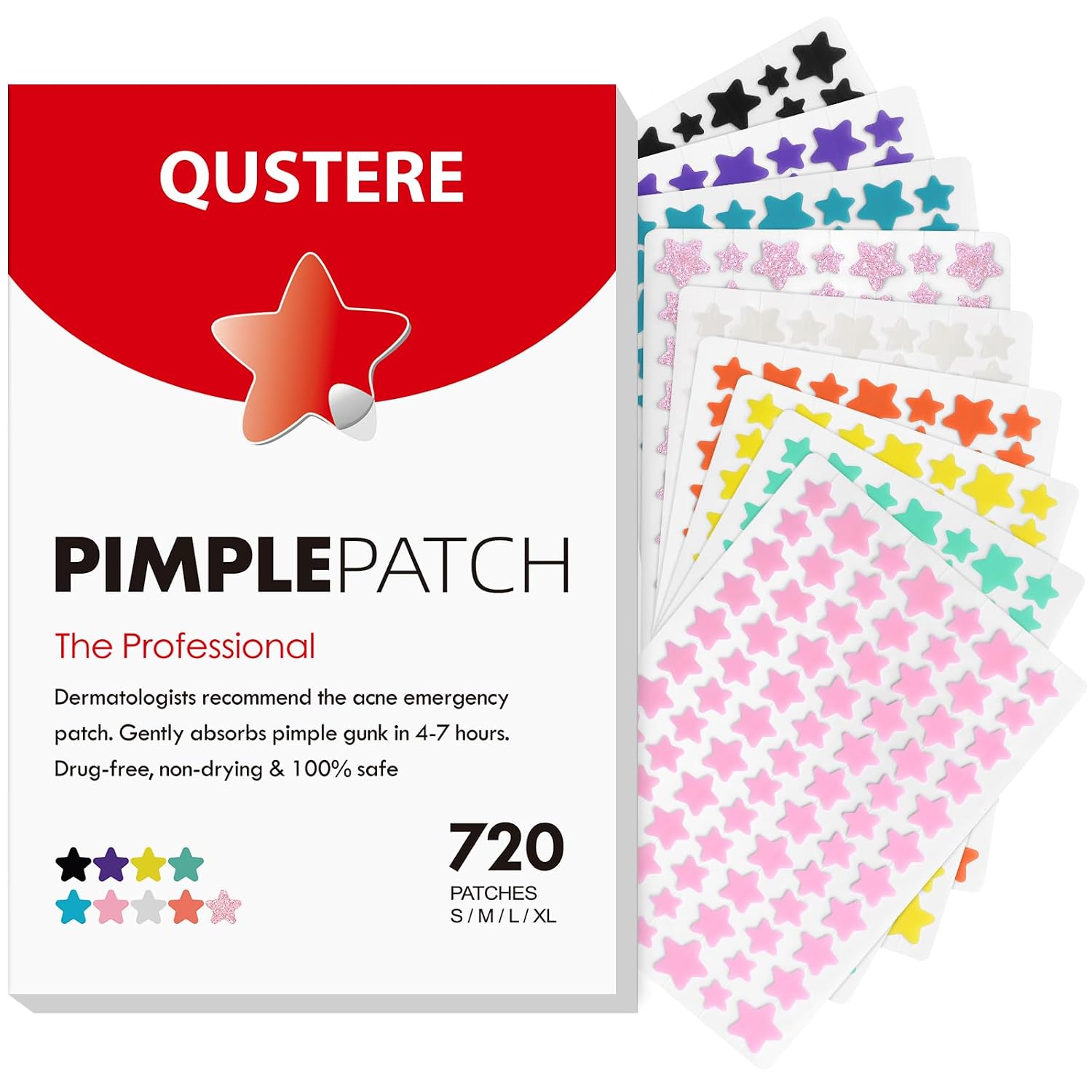 QUSTERE Pimple Patches for Face. Hydrocolloid Acne Patches. Cute Star Zit Covers. Colorful Spot Stickers with Tea Tree. Salicylic Acid & Cica Oil| 3 Sizes (10mm. 12mm & 14mm)