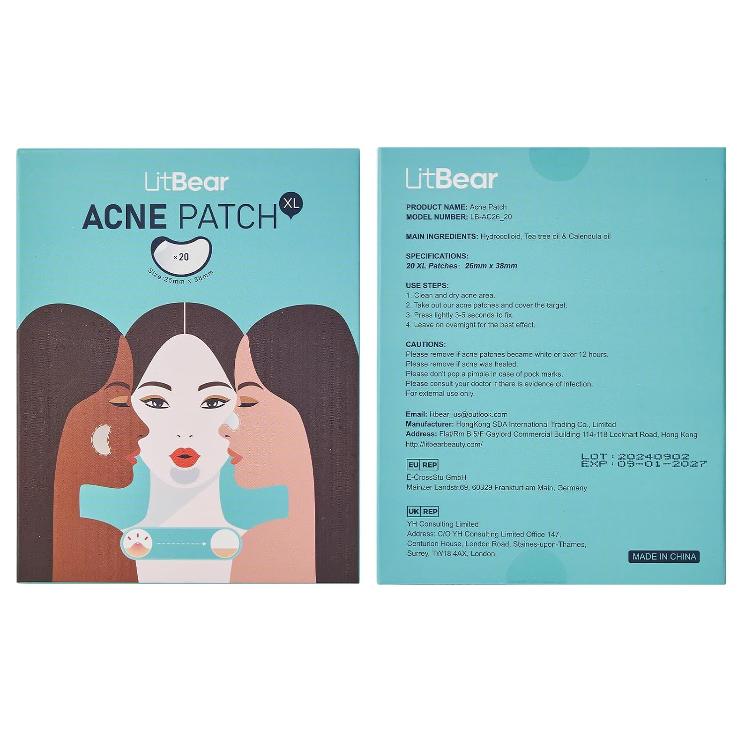 LitBear Acne Patches Large. Hydrocolloid Pimple Patches for Breakouts. Zit and Blemish. Large Acne Patches for Face. Chin. Back and Body with Tea Tree & Calendula Oil