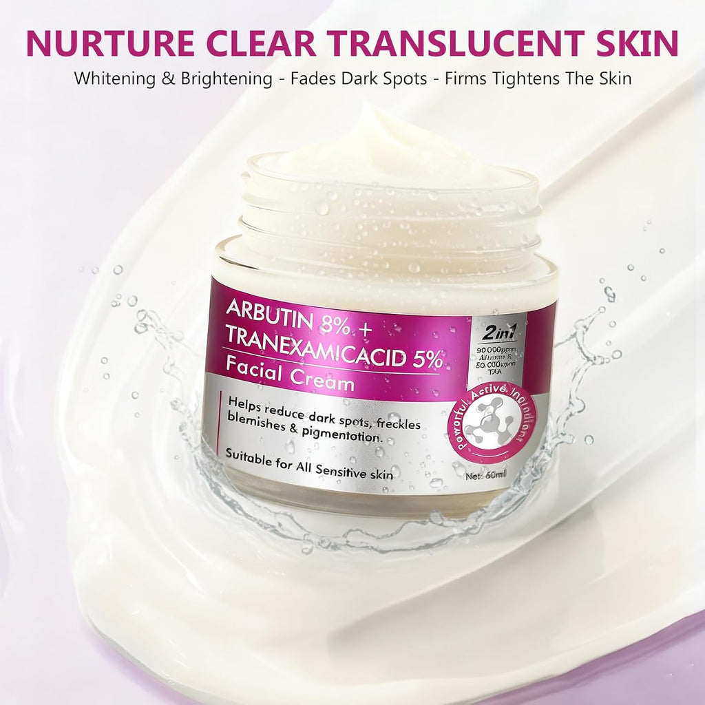 AiRunTech Arbutin 8% & Tranexamic Acid 5% Cream. Help Fade Dark Spots. Freckles. Blemishes. and Pigmentation. Firm and Moisturize the skin 60ML