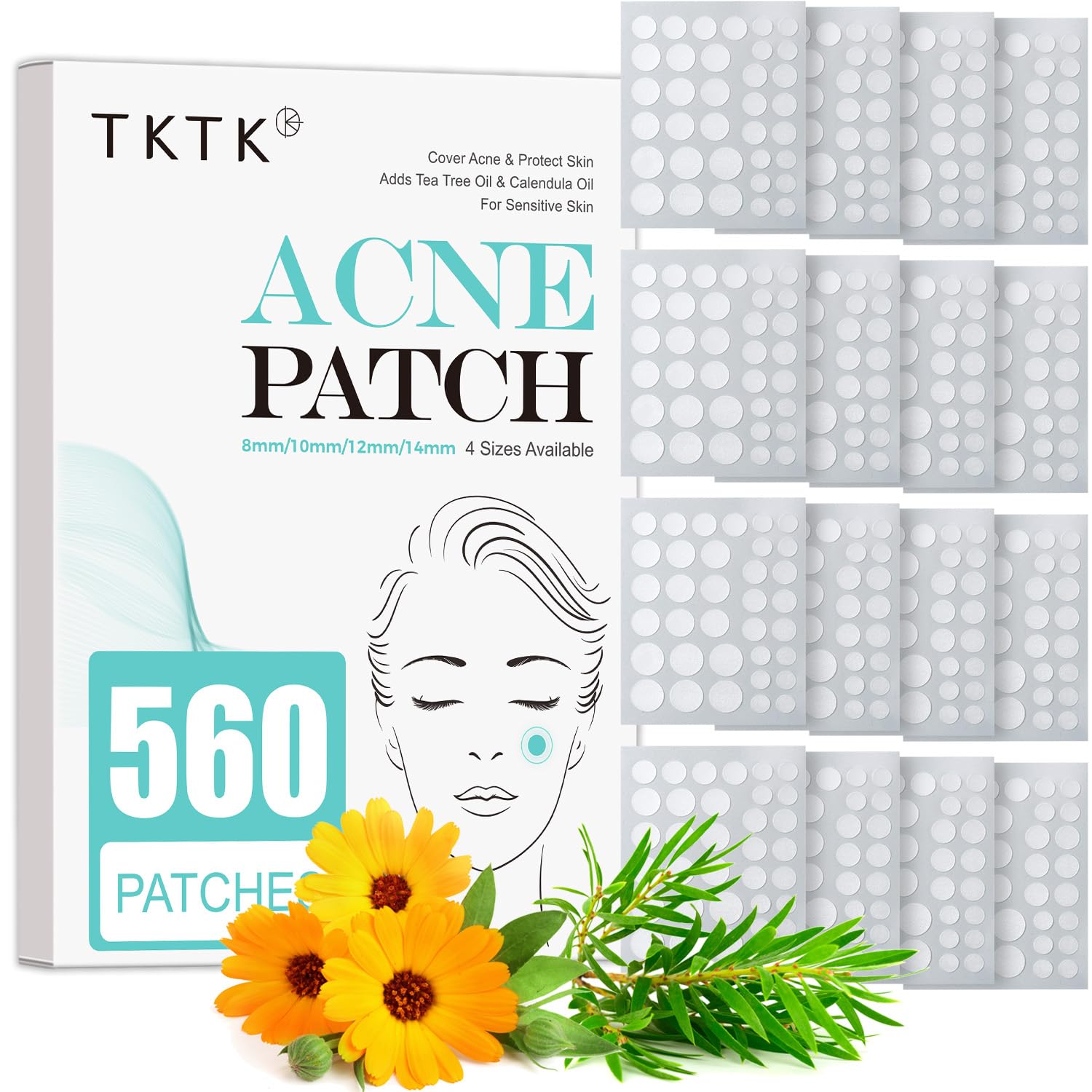 TKTK Pimple Patch Acne Patch. 4 Sizes 140 Patches Acne Absorbing Cover Patch. Hydrocolloid Invisible Acne Patches for Face Zit Patch Acne Dots Tea Tree. Calendula Oil