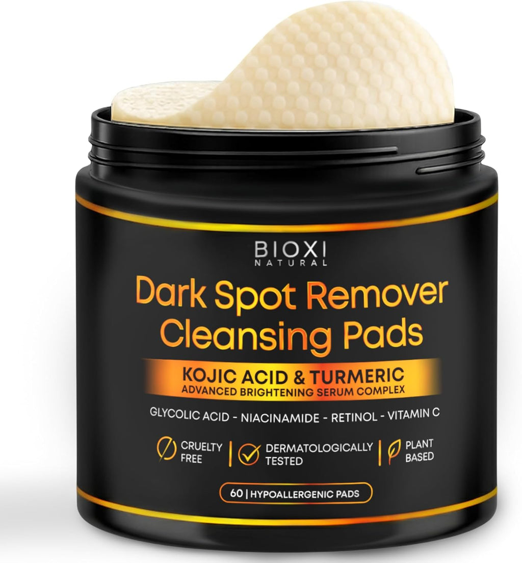 Dark Spot Remover Cleansing Pads with Kojic Acid & Turmeric - Advanced Korean Brightening Serum Complex with Glycolic Acid. Niacinamide. Retinol & Vitamin C for Face & Body - 60 Hypoallergenic Pads