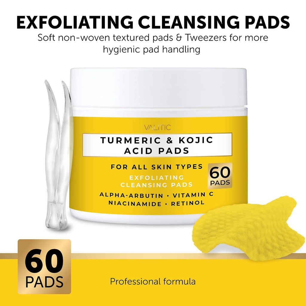 Turmeric Kojic Acid Cleansing Pads - Exfoliating Dark Spot Remover for Face with Vitamin C. Alpha Arbutin. Niacinamide and Retinol - Kojic Acid And Turmeric Cleansing Pads - 60 Units : Beauty & Personal Care
