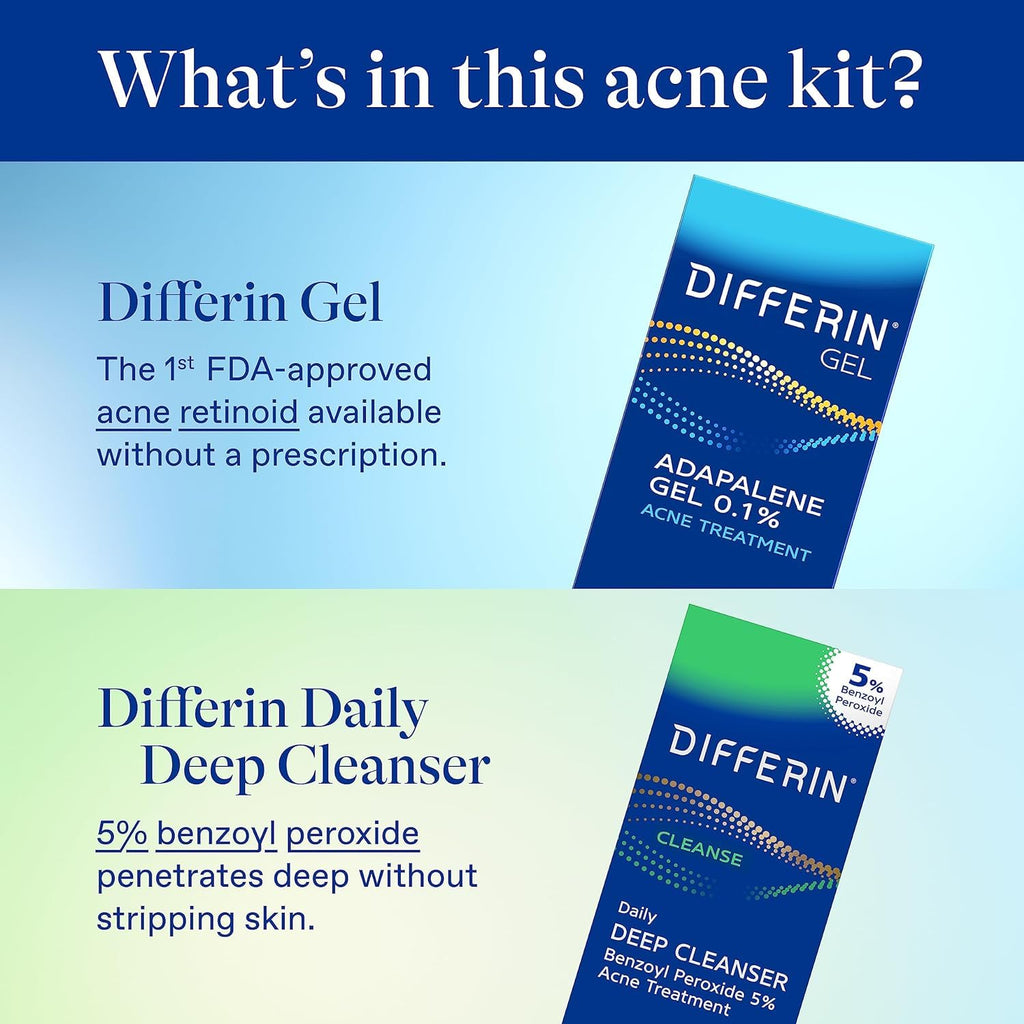 Acne Skin Care Kit. Differin Gel Retinoid Acne Treatment for Face with 0.1% Adapalene & 5% Benzoyl Peroxide Face Wash & Body Wash. Designed for Pimple and Acne Prone Skin