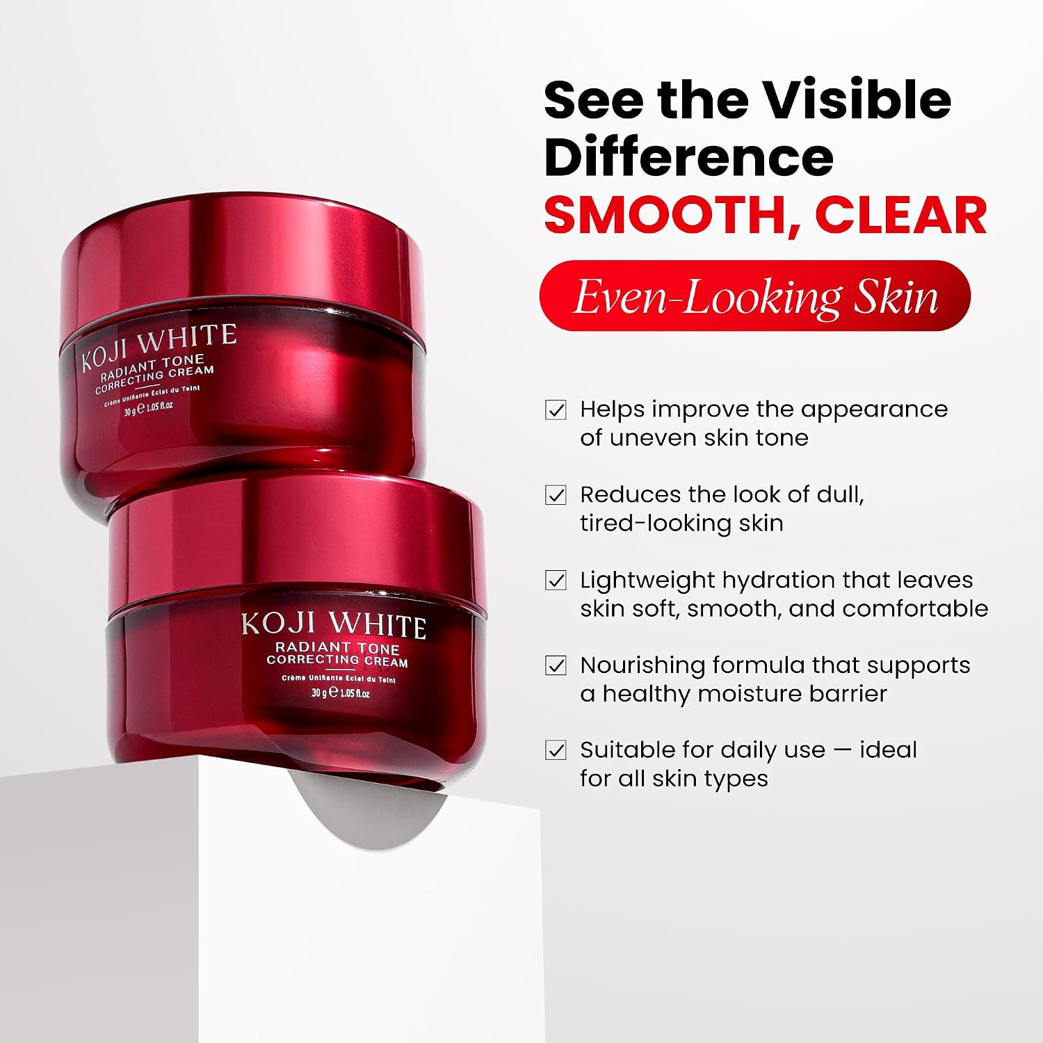 Koji White 1% Kojic Acid Cream | Face Moisturizer Radiant Tone Correcting Cream with 1% Alpha-Arbutin. 3% Niacinamide & Hyaluronic Acid for All Skin Types. Unscented. Vegan Skincare. 1.05 FL Oz