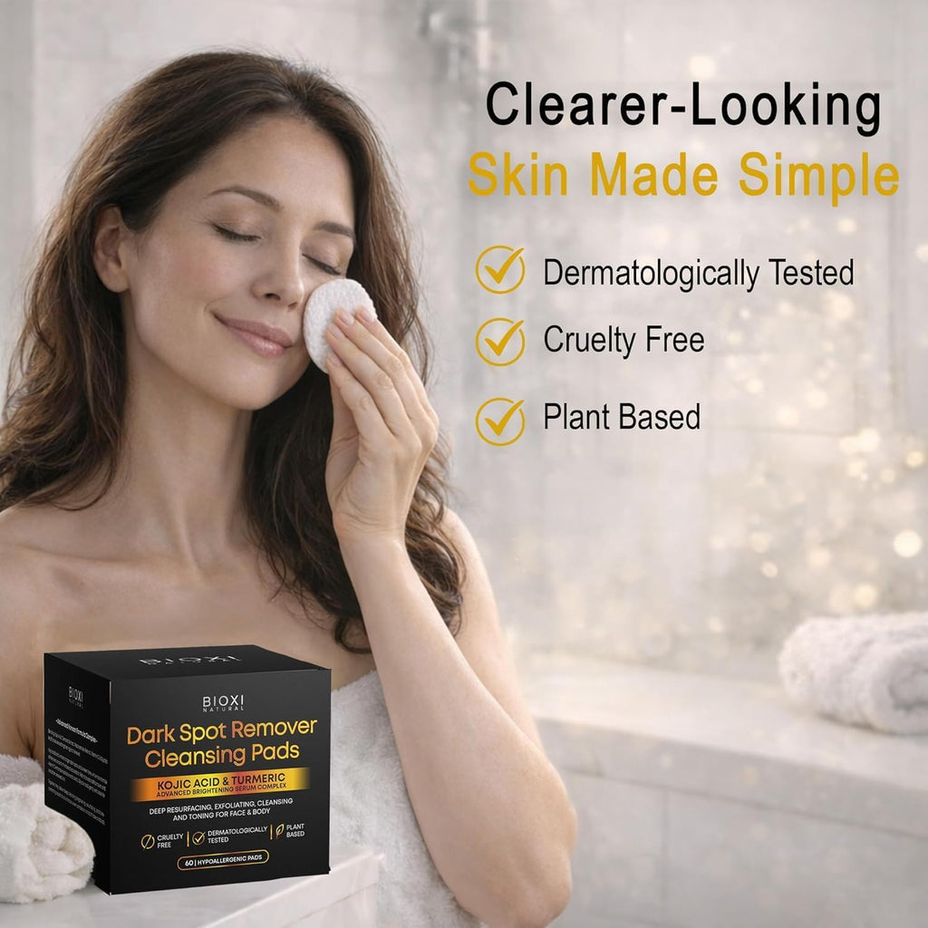 Dark Spot Remover Cleansing Pads with Kojic Acid & Turmeric - Advanced Korean Brightening Serum Complex with Glycolic Acid. Niacinamide. Retinol & Vitamin C for Face & Body - 60 Hypoallergenic Pads