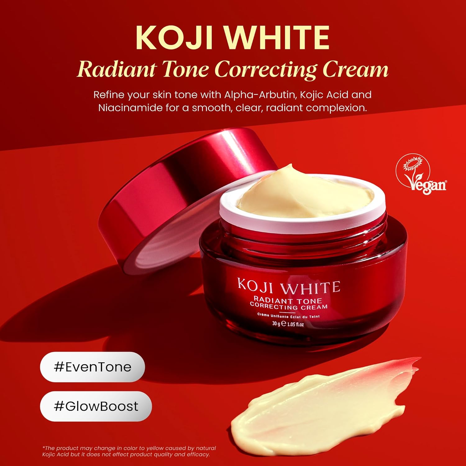Koji White 1% Kojic Acid Cream | Face Moisturizer Radiant Tone Correcting Cream with 1% Alpha-Arbutin. 3% Niacinamide & Hyaluronic Acid for All Skin Types. Unscented. Vegan Skincare. 1.05 FL Oz