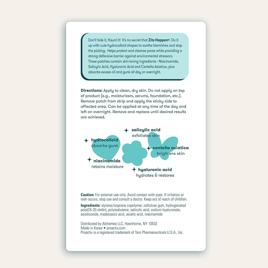 Proactiv Zits Happen Design Acne Patches. Hydrocolloid Spot Treatment with Salicylic Acid. Heart. Flower & Butterfly Shapes. Dermatologist-Developed. 30-Count