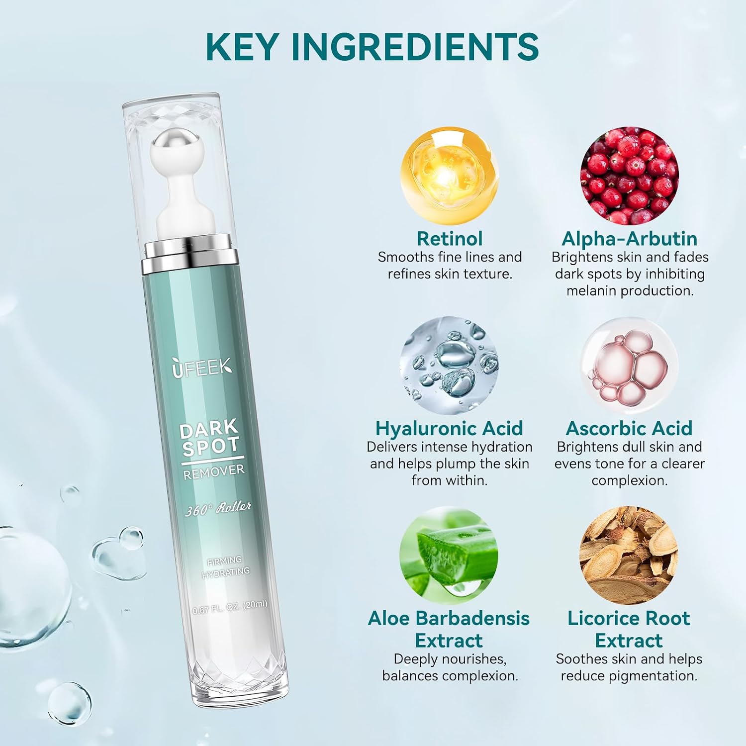 Dark Spot Remover for Face with 360° Roller Massage Ball. Dark Spot Corrector Serum for face. Fade Sun Spot Age Spot Brown Spot for All Skin Types. 0.67 FL OZ