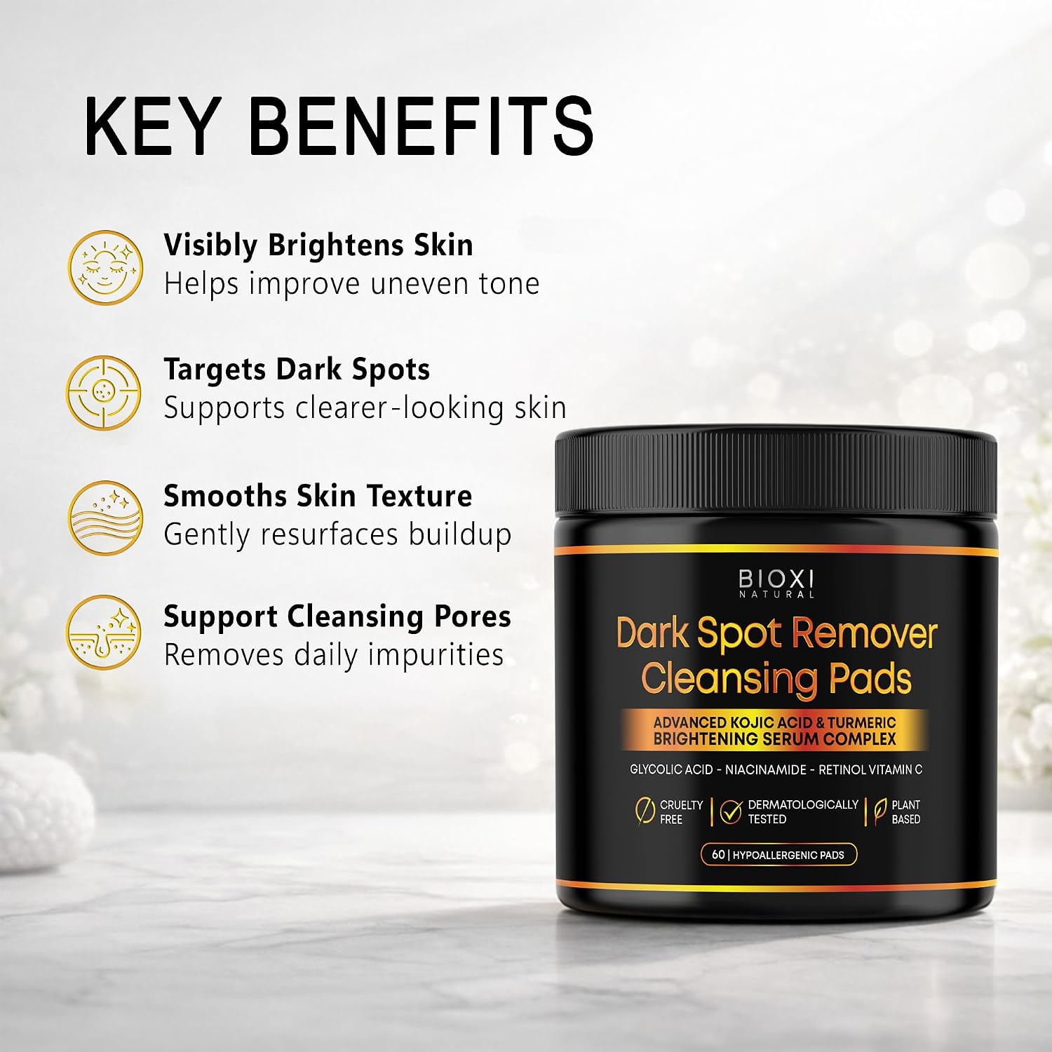 Dark Spot Remover Cleansing Pads with Kojic Acid & Turmeric - Advanced Korean Brightening Serum Complex with Glycolic Acid. Niacinamide. Retinol & Vitamin C for Face & Body - 60 Hypoallergenic Pads