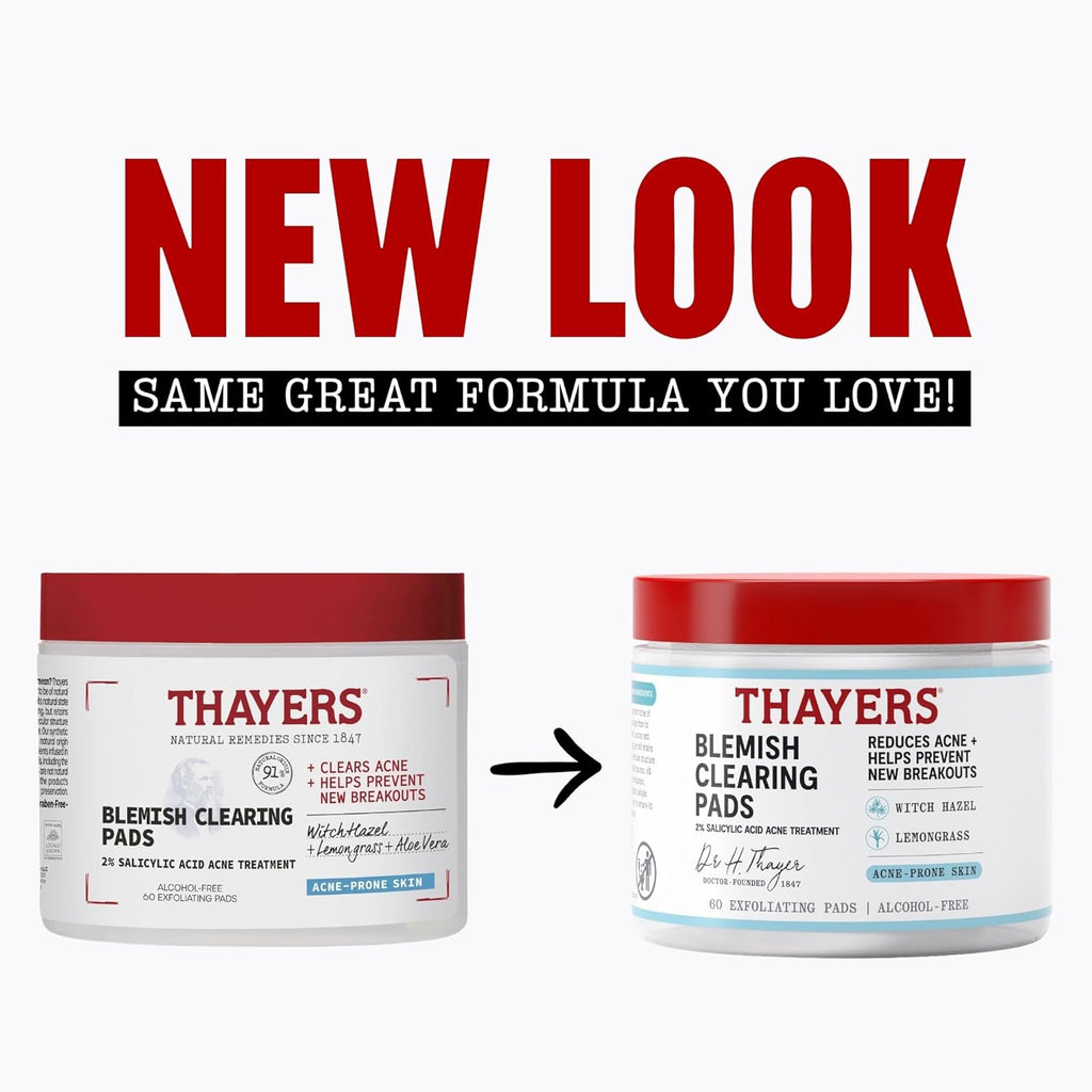 Thayers Blemish Clearing Acne Pads. Salicylic Acid Acne Treatment for Face. Pore Reducing. Exfoliating. and Soothing Skincare. Witch Hazel Toner Pads. 60 Ct