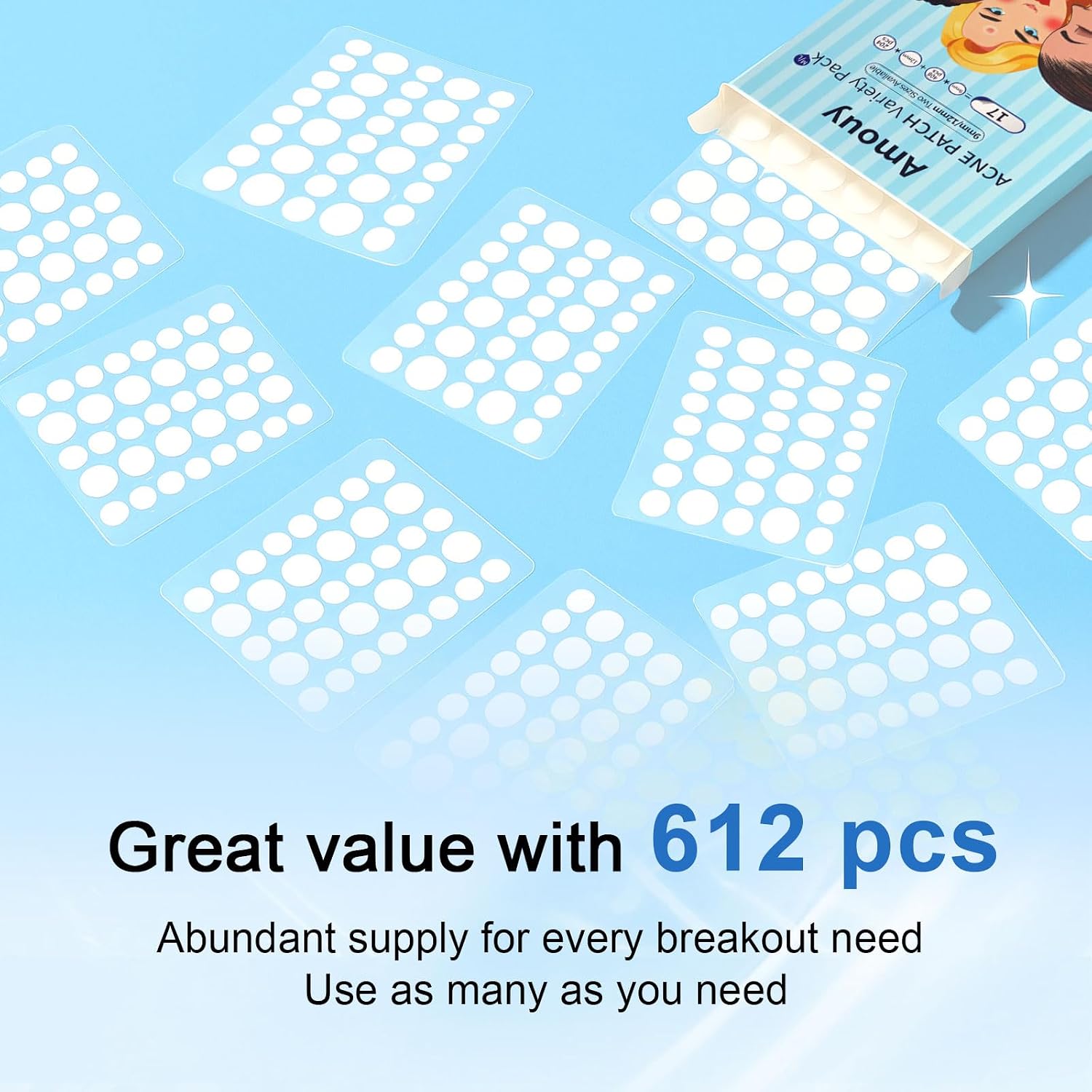 Amouy Acne Pimple Patch- 2 Sizes 612 Dots Thin & Thick Hydrocolloid Patches for Face with Witch Hazel. Tea Tree & Calendula Oil. Extra Adhesion Pimple Patches for Face Zit Patch Acne Dots : Beauty & Personal Care