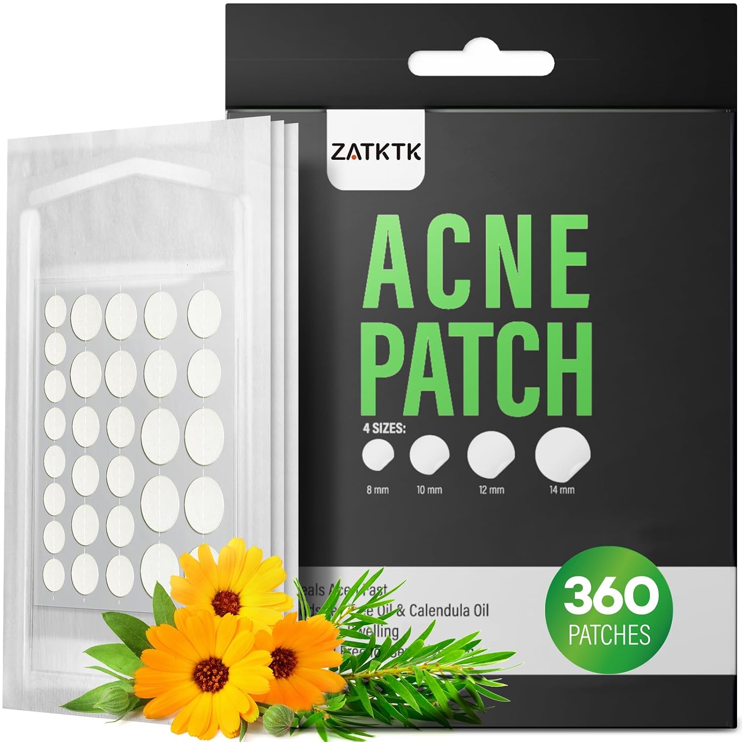 Pimple Patch (360 Counts 4 Sizes). Hydrocolliod Acne Patch for Face. Invisible Zit Patch with Tea Tree Oil & Calendula Oil. Blemish Patch