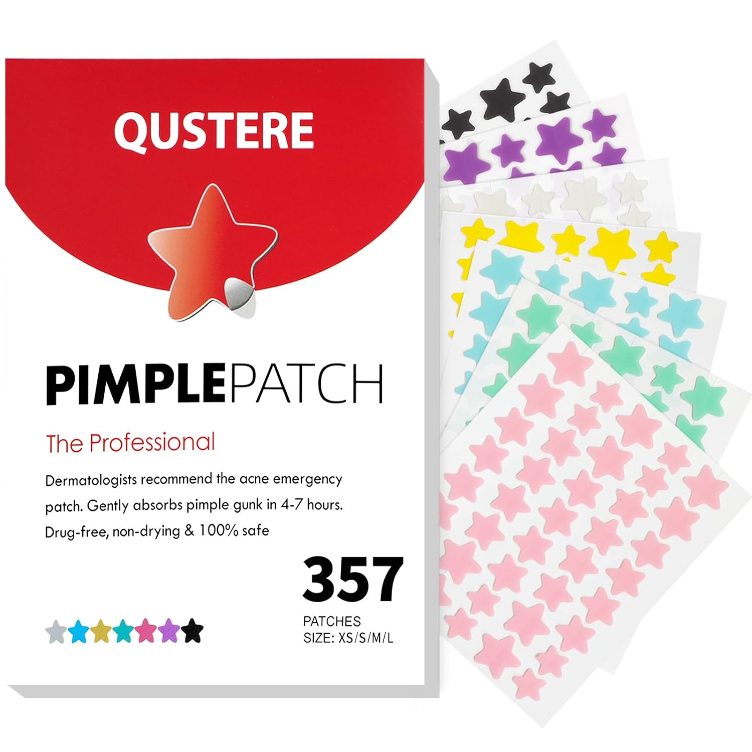 QUSTERE Pimple Patches for Face. Hydrocolloid Acne Patches. Cute Star Zit Covers. Colorful Spot Stickers with Tea Tree. Salicylic Acid & Cica Oil| 3 Sizes (10mm. 12mm & 14mm)