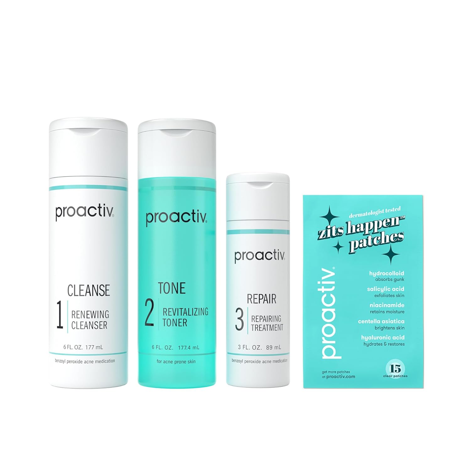 Proactiv 3 Step Acne Treatment - Benzoyl Peroxide Face Wash. Repairing Acne Spot Treatment for Face And Body. Exfoliating Toner - 60 Day Complete Acne Skin Care Kit